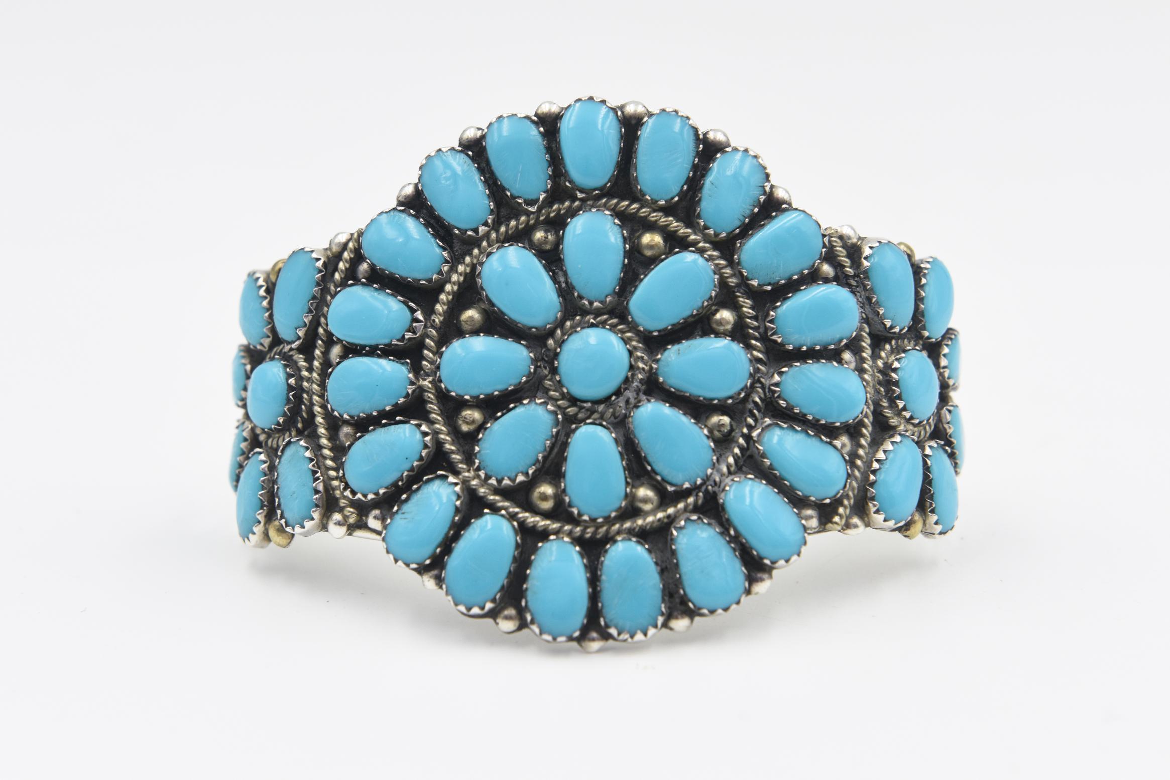 Navajo Juliana Williams Turquoise Sun Wheel Sterling Silver Cuff Bracelet  For Sale 4