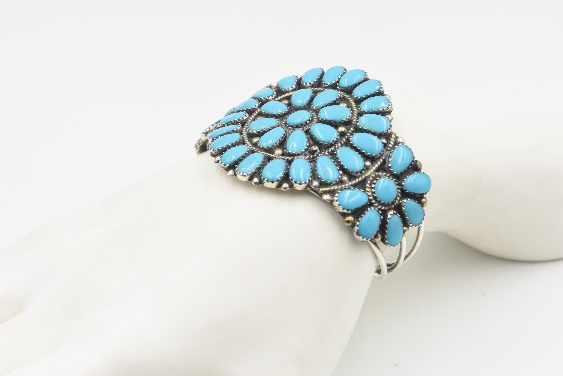 Navajo Juliana Williams Turquoise Sun Wheel Sterling Silver Cuff Bracelet  For Sale 5