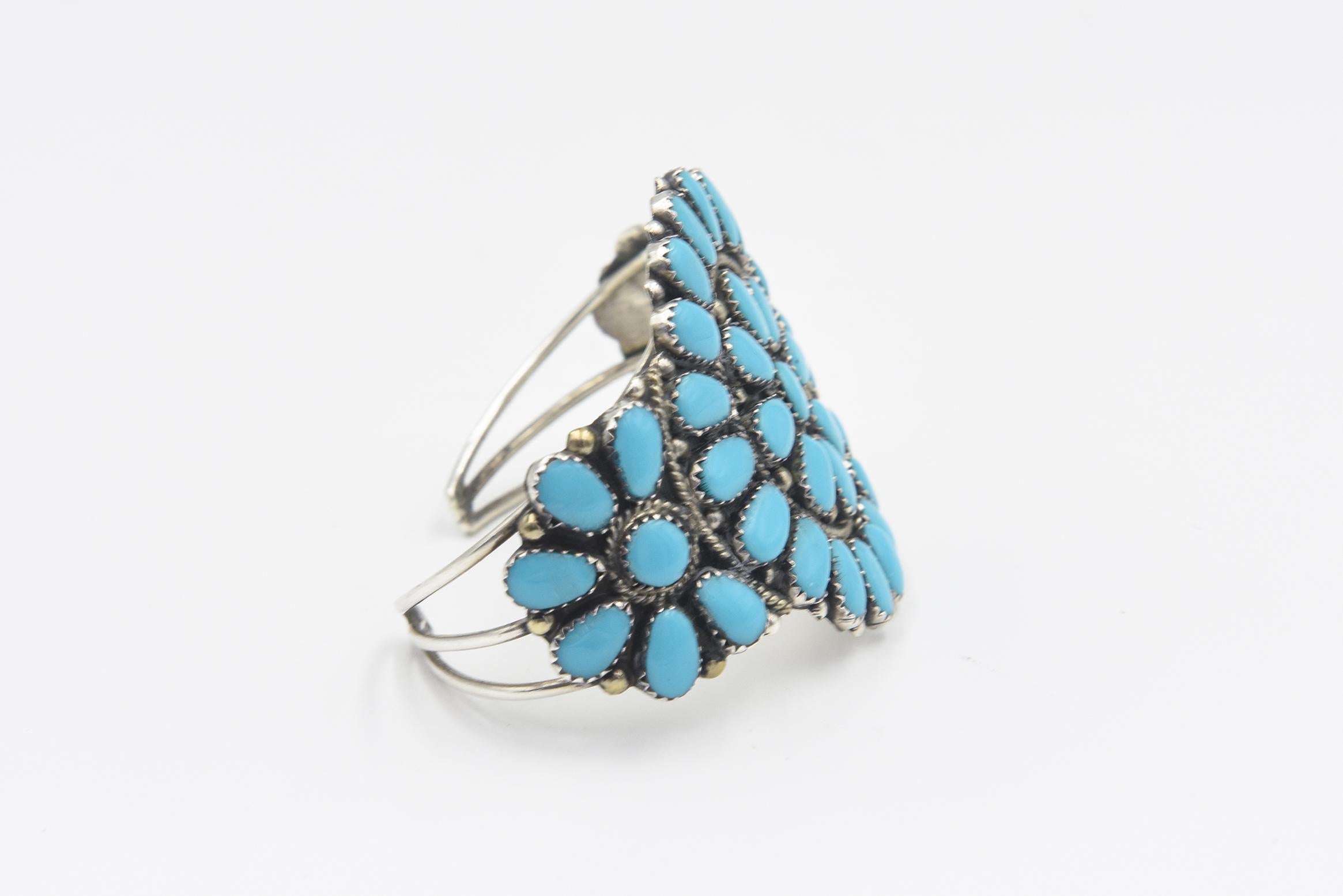 Native American Navajo Juliana Williams Turquoise Sun Wheel Sterling Silver Cuff Bracelet  For Sale