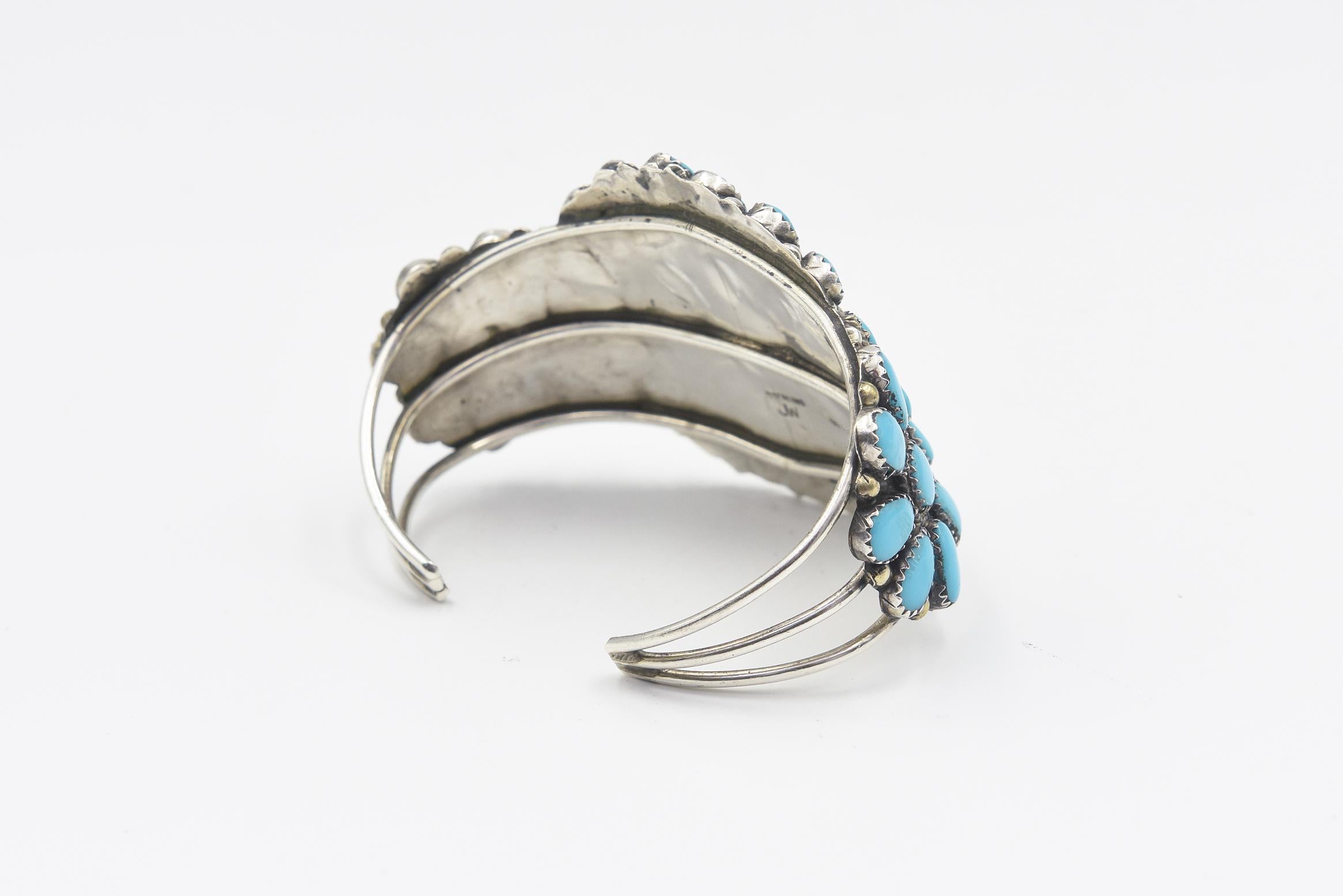 Mixed Cut Navajo Juliana Williams Turquoise Sun Wheel Sterling Silver Cuff Bracelet  For Sale