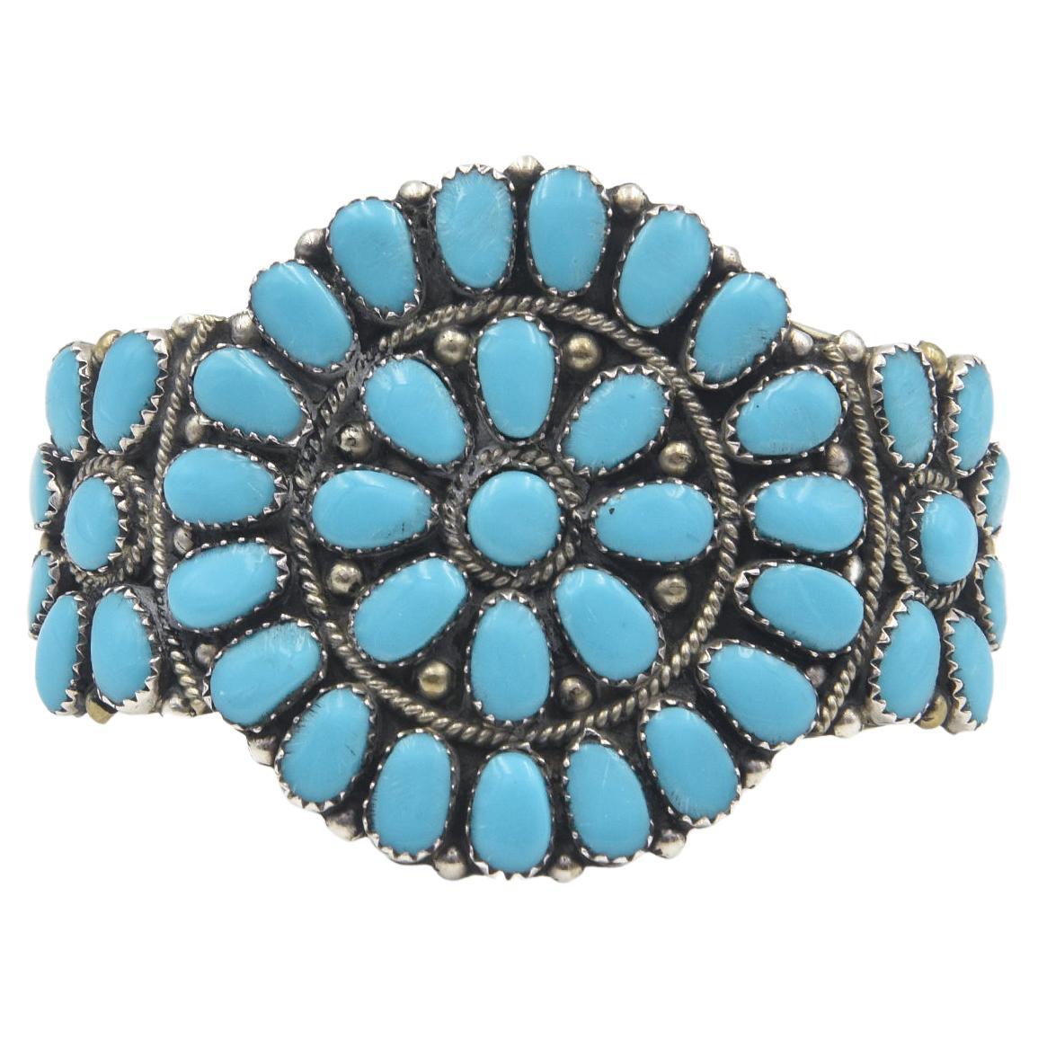Navajo Juliana Williams Turquoise Sun Wheel Sterling Silver Cuff Bracelet  For Sale