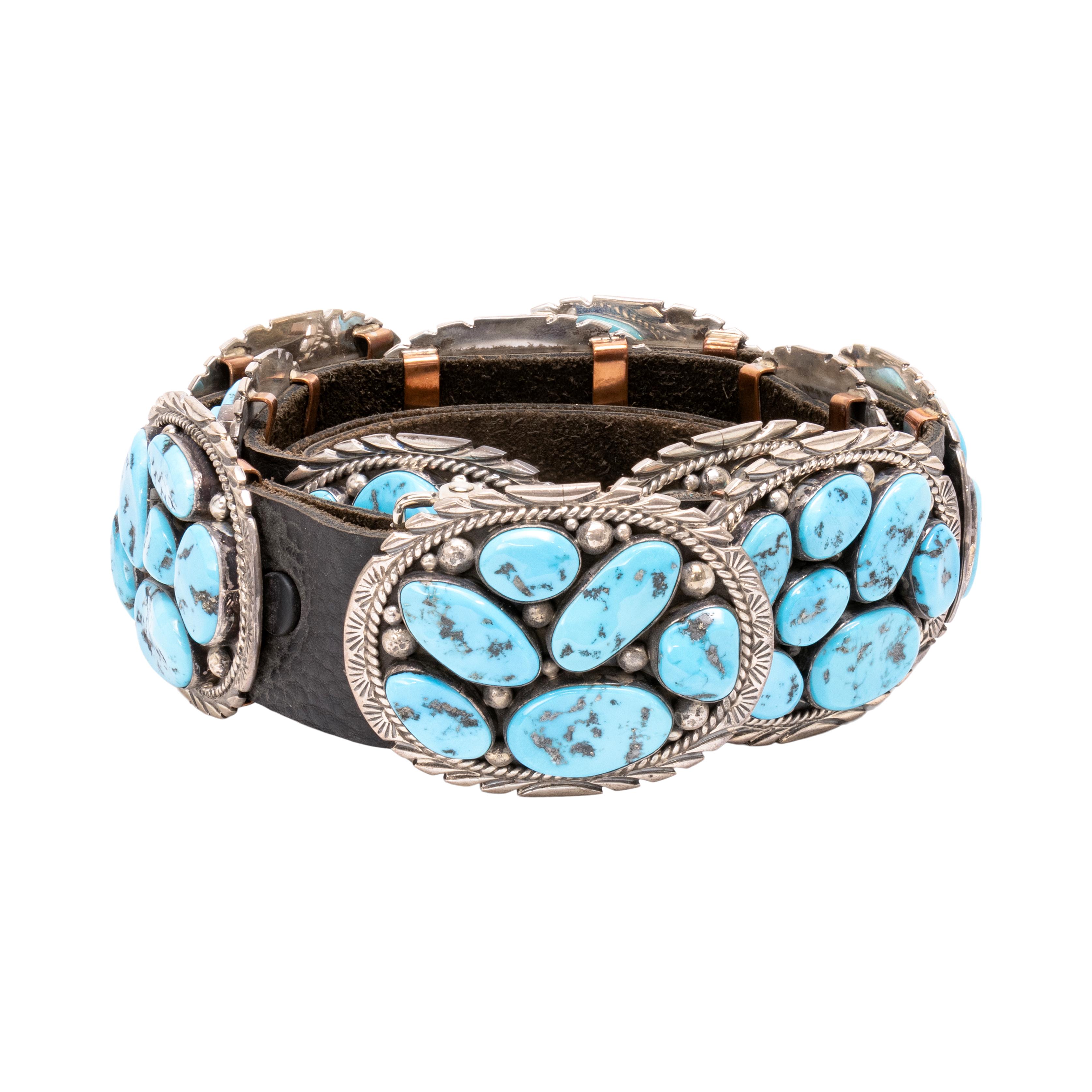 Taille ovale Navajo Kingman Mine Turquoise and Sterling Silver Concho Belt (ceinture en argent) en vente
