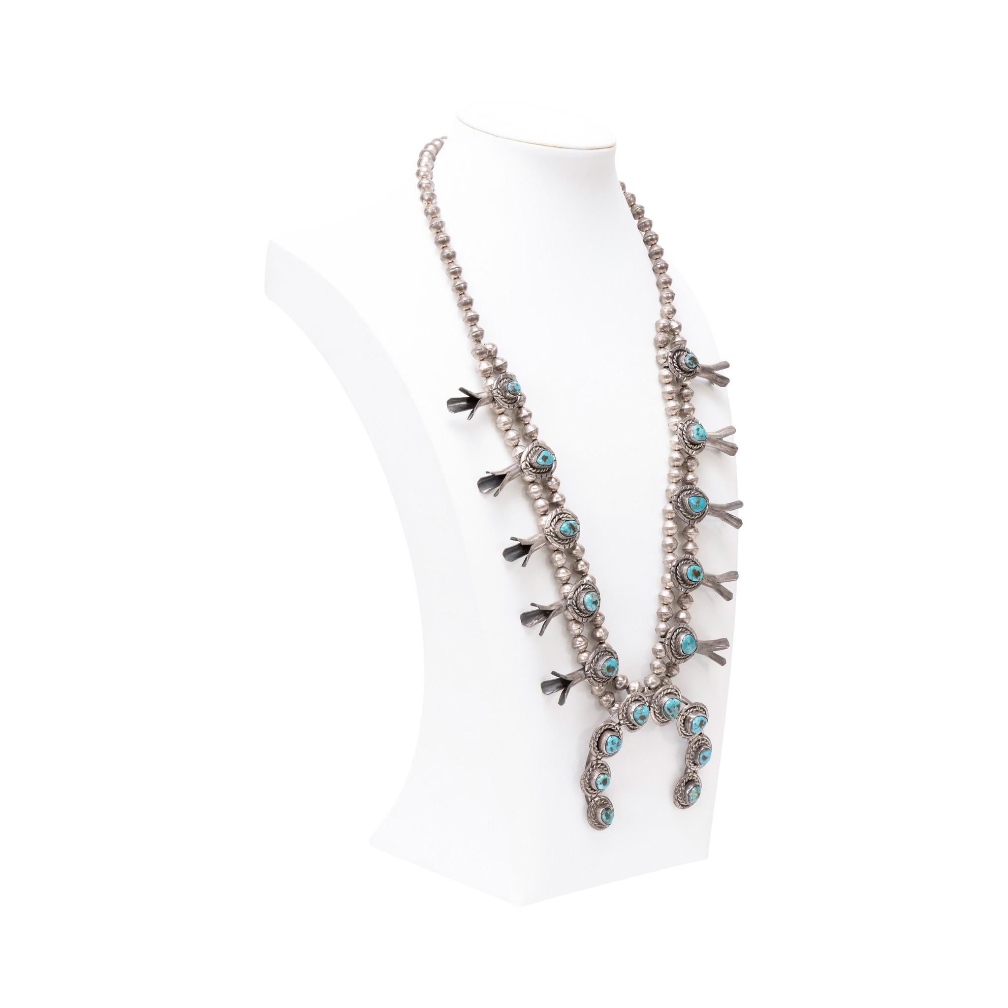 Native American Navajo Kingman Squash Blossom Necklace For Sale
