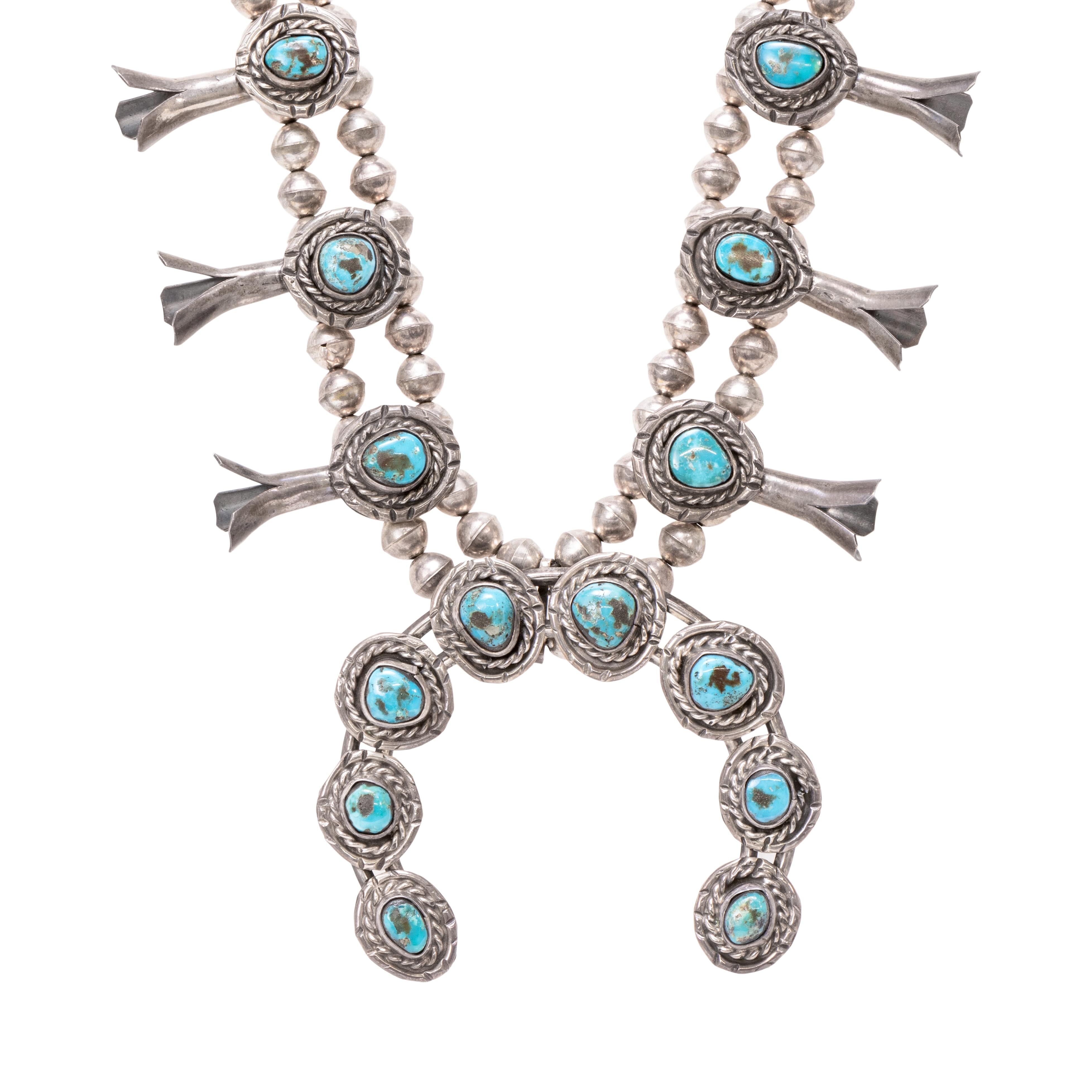 Women's or Men's Navajo Kingman Squash Blossom Necklace For Sale
