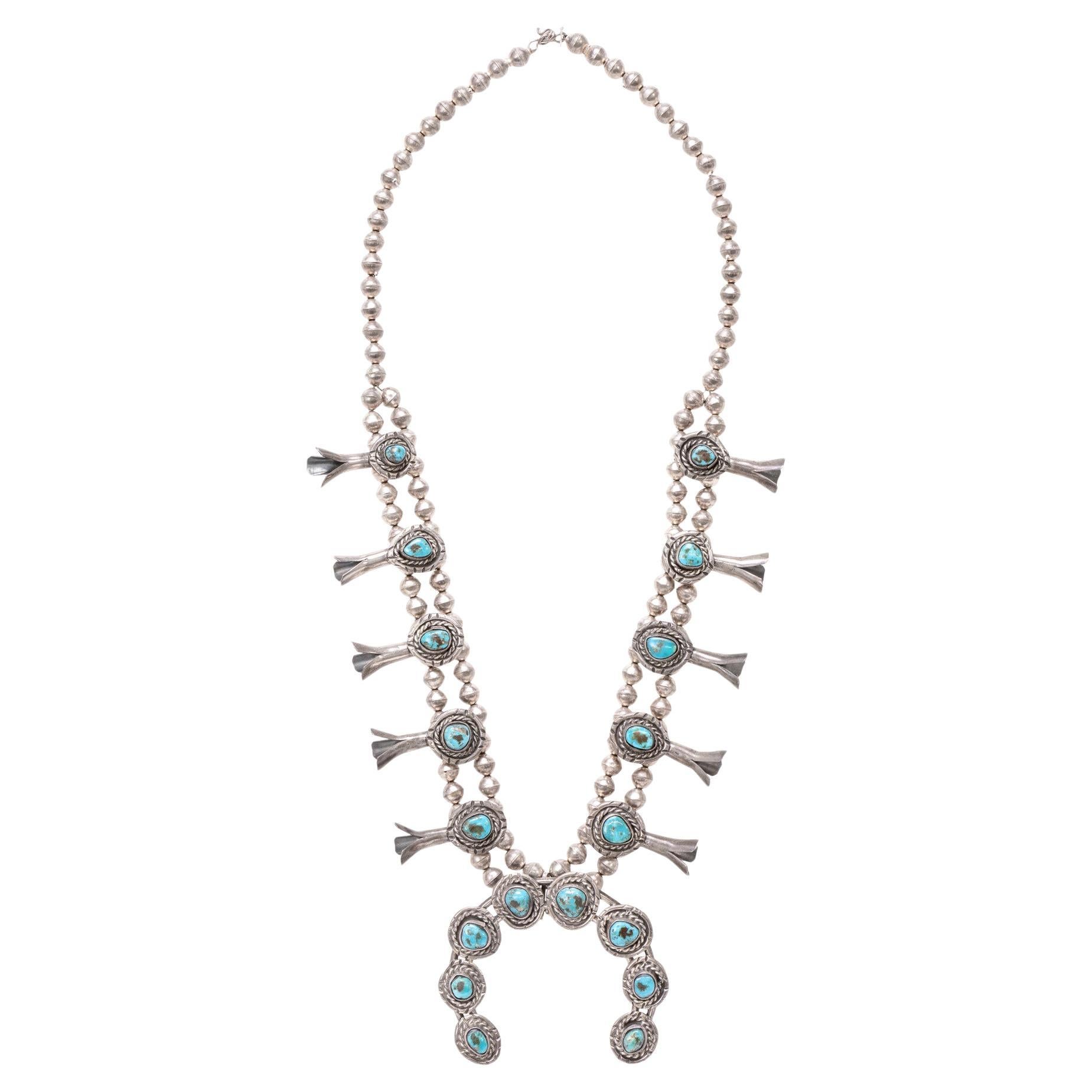 Navajo Kingman Squash Blossom Necklace For Sale