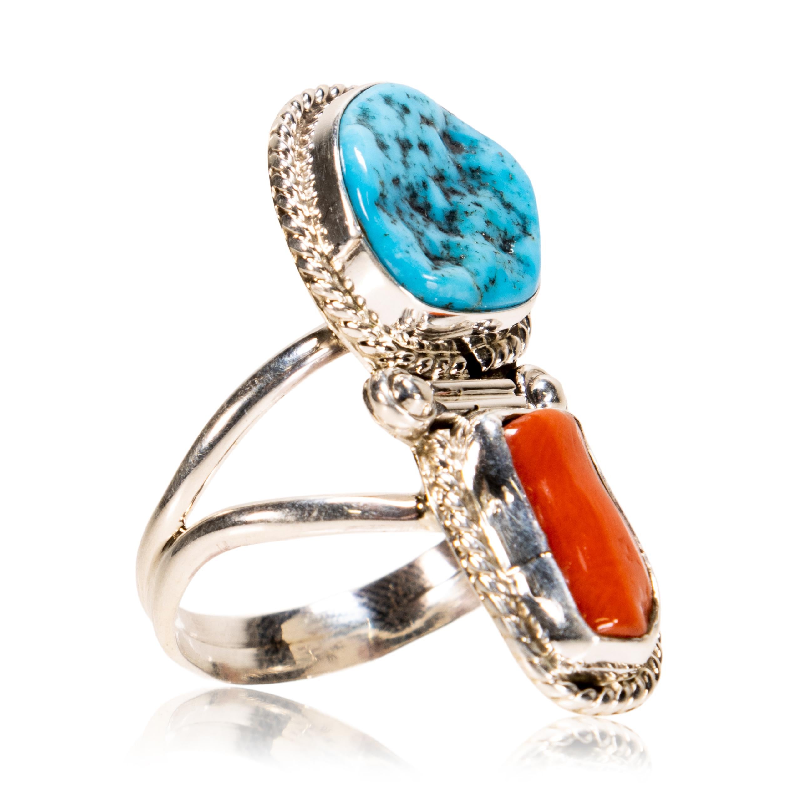 Navajo Kingman turquoise and oxblood coral and sterling silver ring. Stamped 