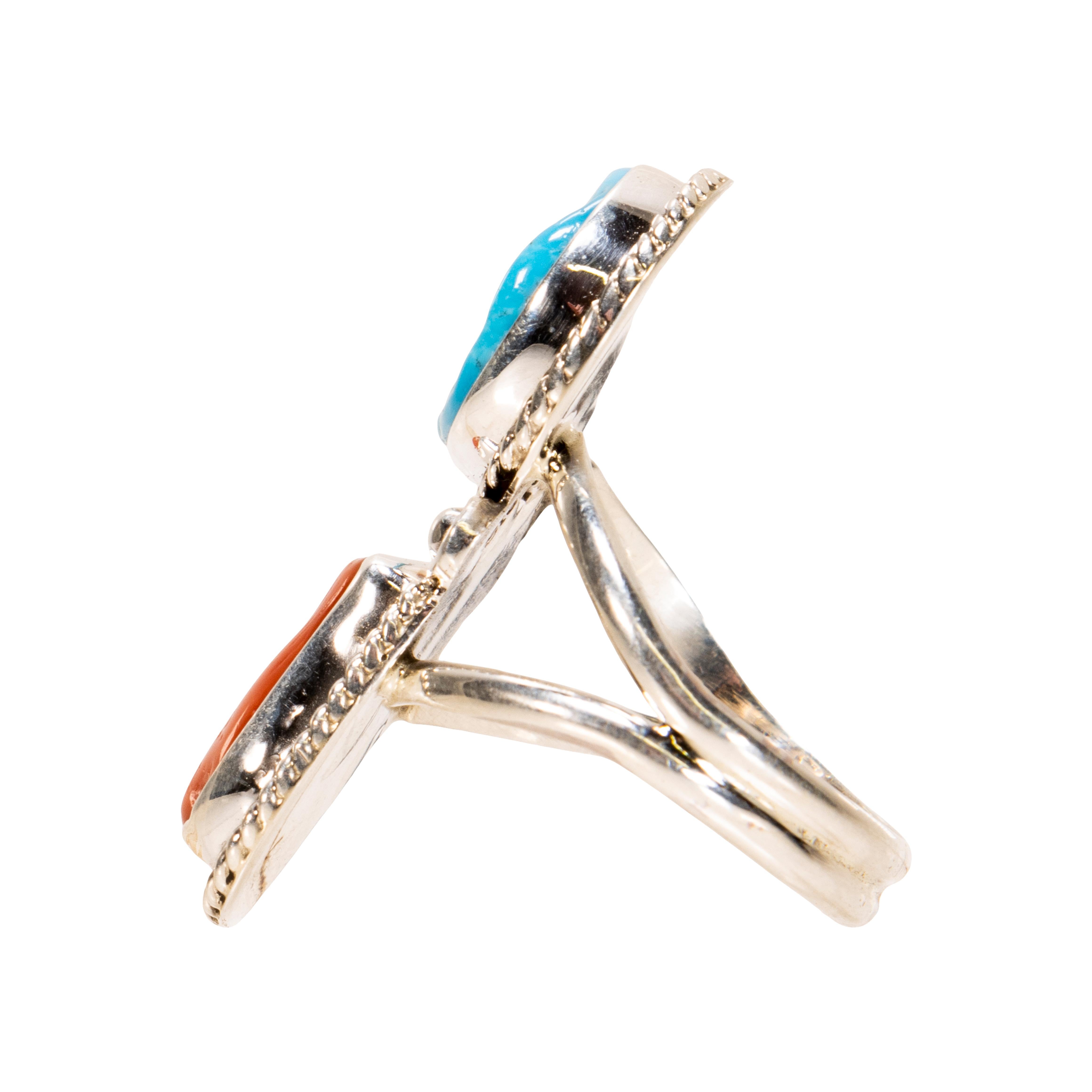 Native American Navajo Kingman Turquoise and Coral Ring For Sale