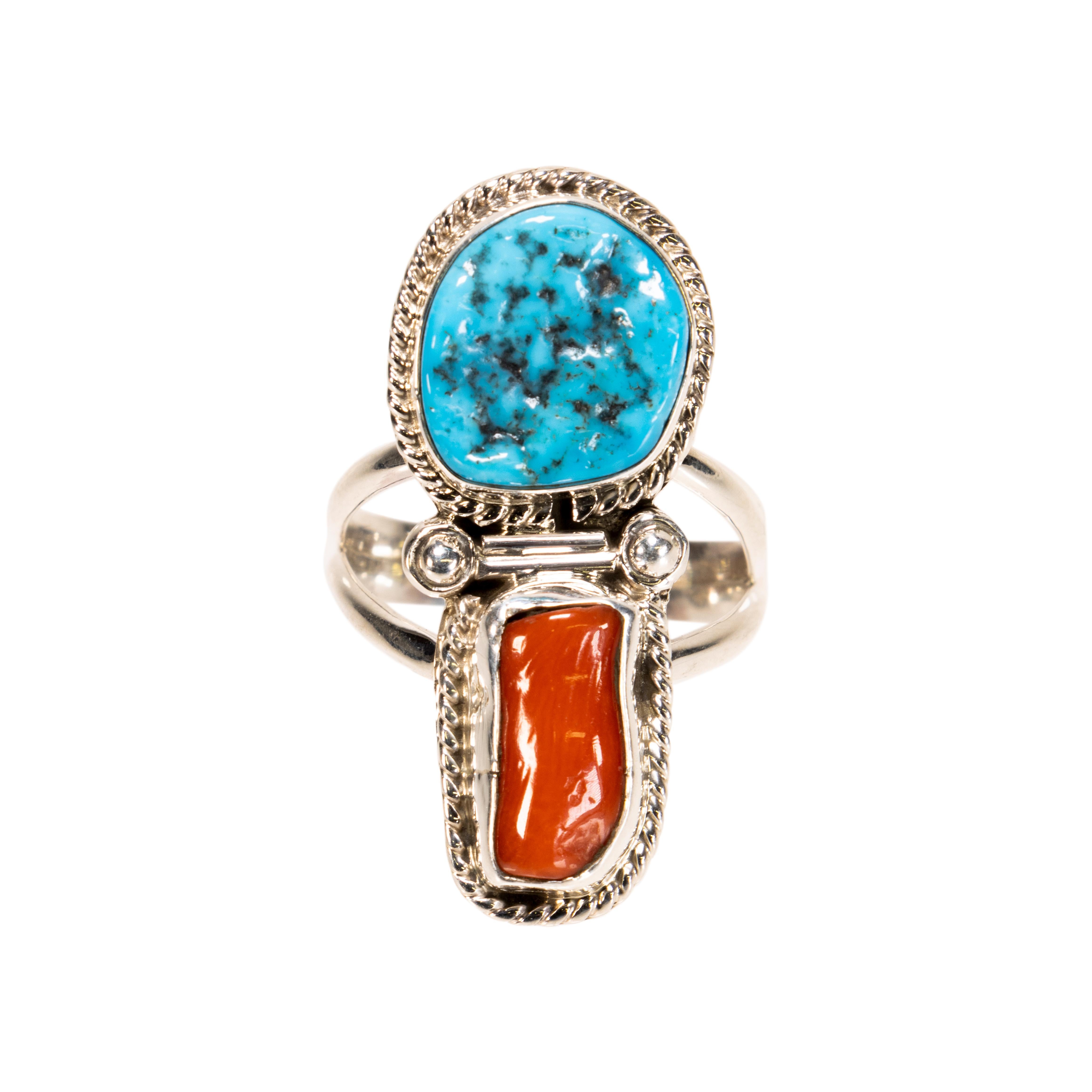 Old Mine Cut Navajo Kingman Turquoise and Coral Ring For Sale