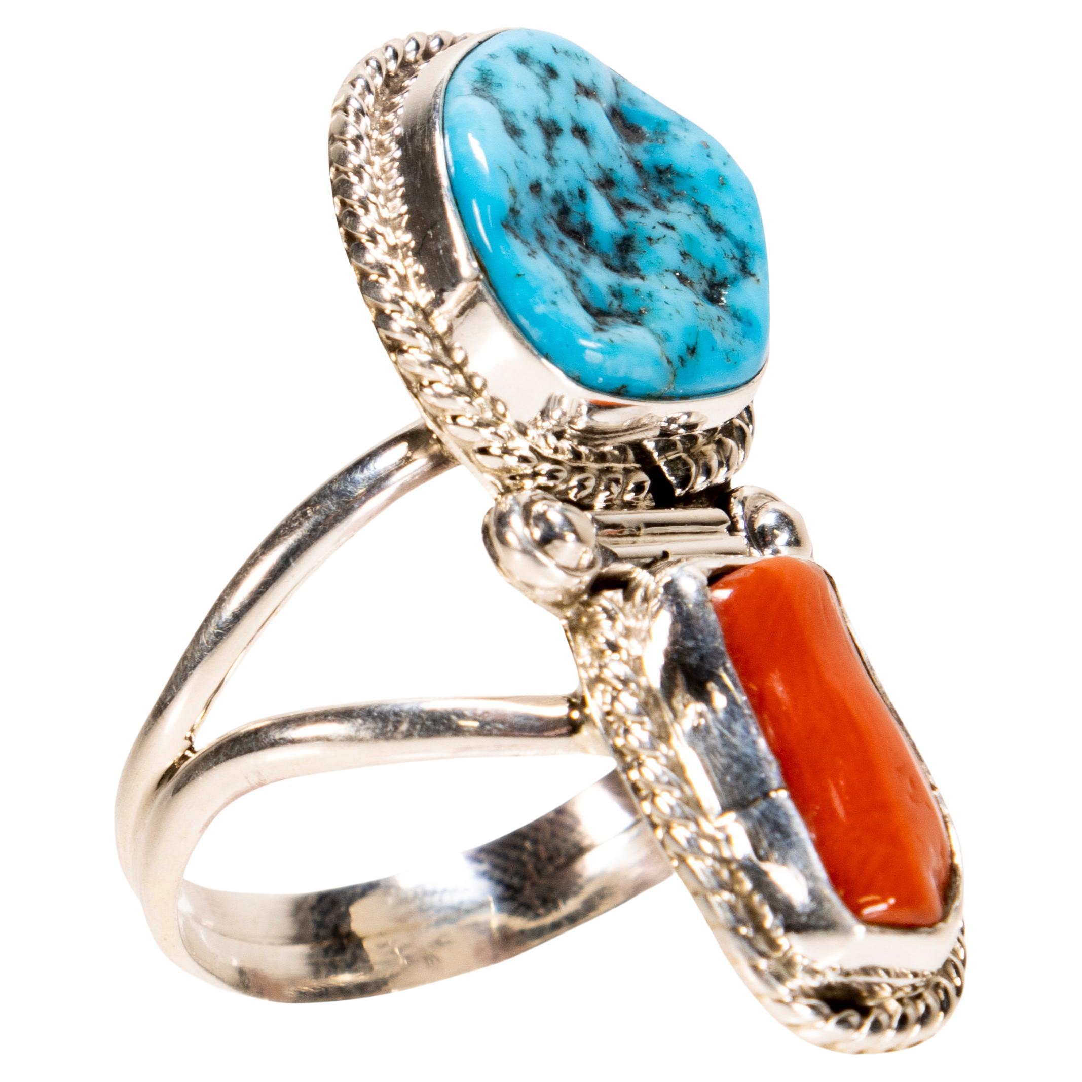 Navajo Kingman Turquoise and Coral Ring For Sale