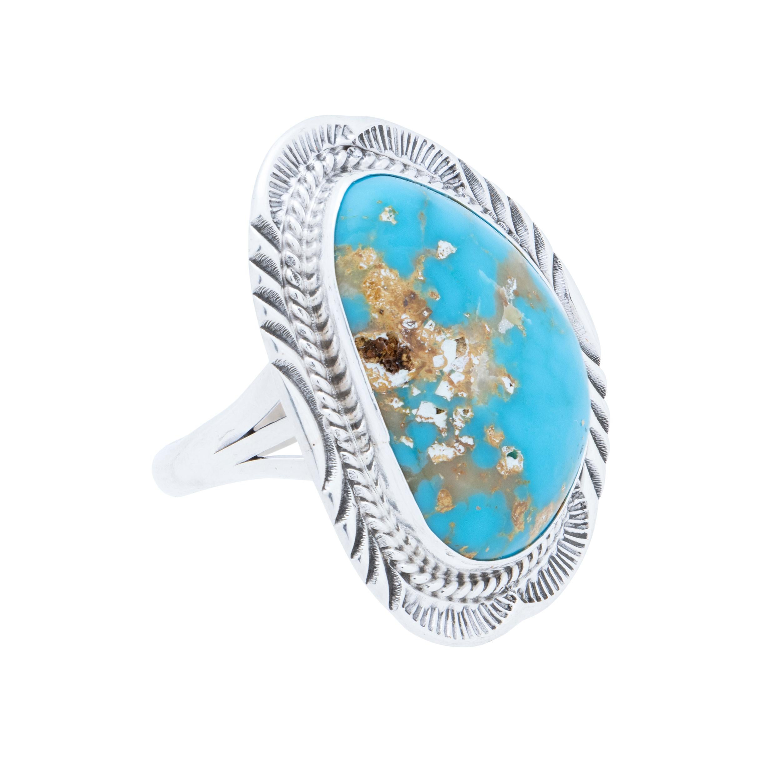 Nativo americano Navajo Kingman Turquoise and Sterling Silver Ring in vendita