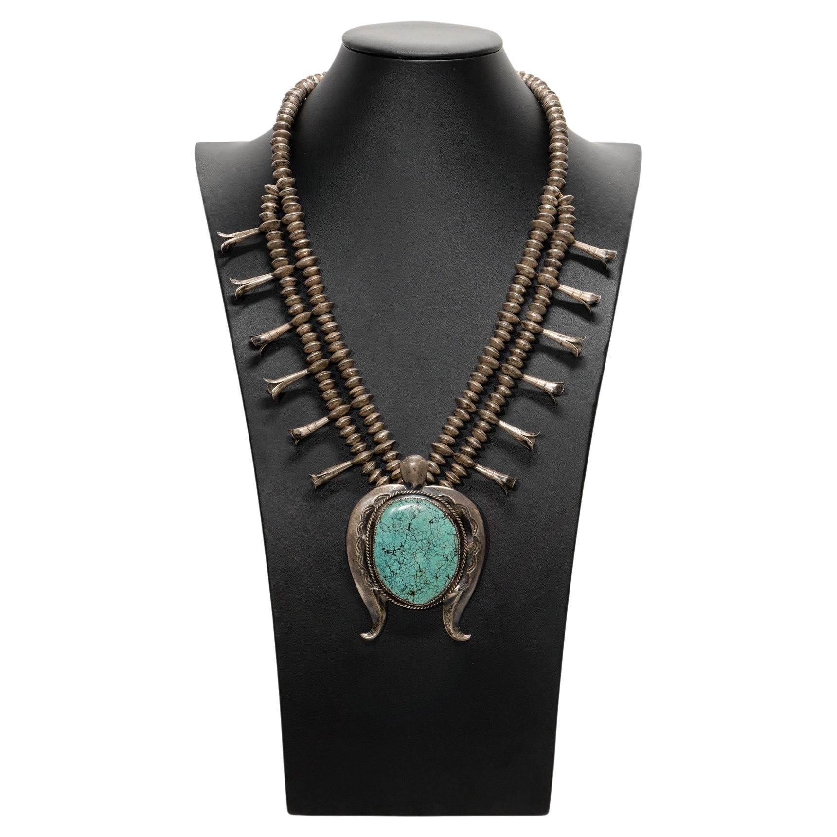 Navajo Kingman Turquoise and Sterling Silver Squash Blossom