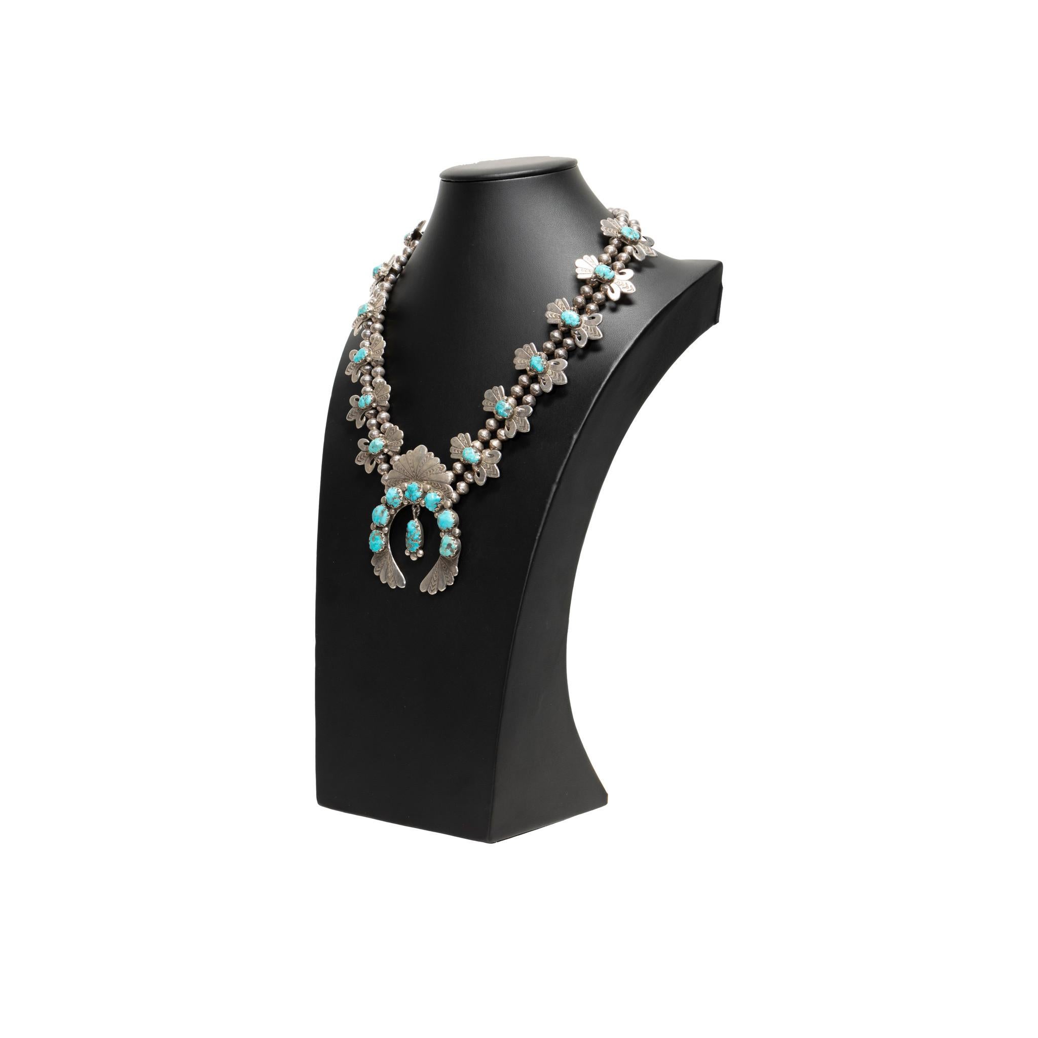 Native American Navajo Kingman Turquoise Squash Blossom For Sale