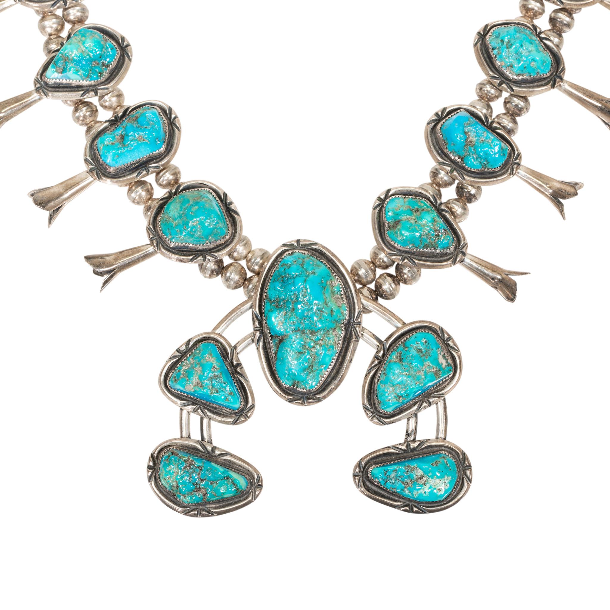 Amérindien Navajo Kingman Turquoise Squash Blossom en vente