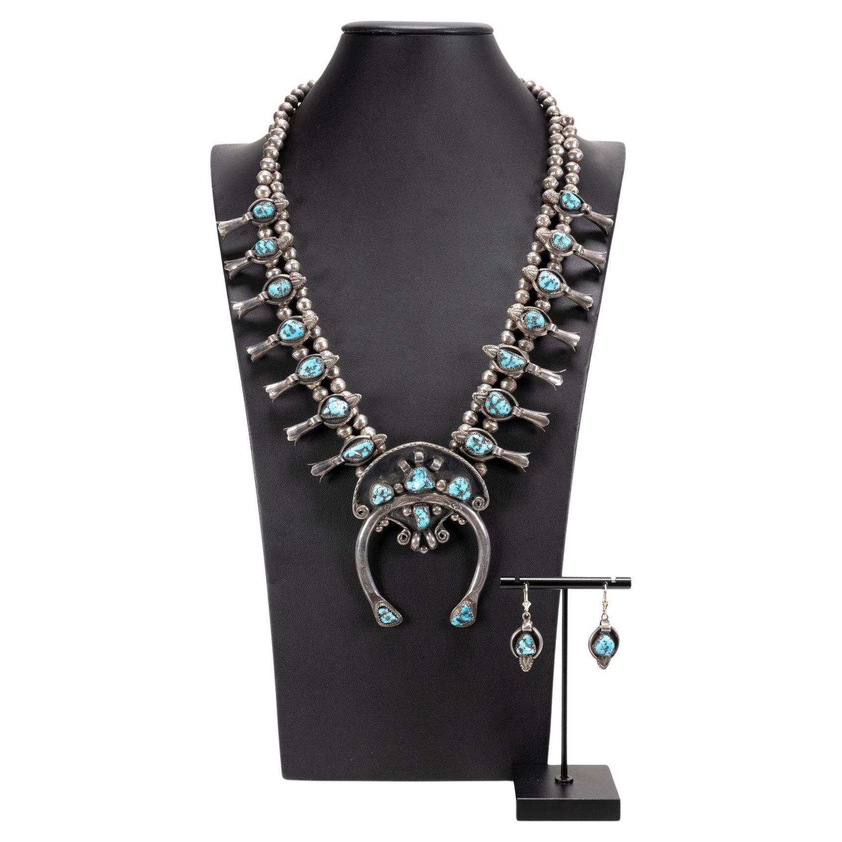 Navajo Kingman Turquoise Squash Blossom Necklace