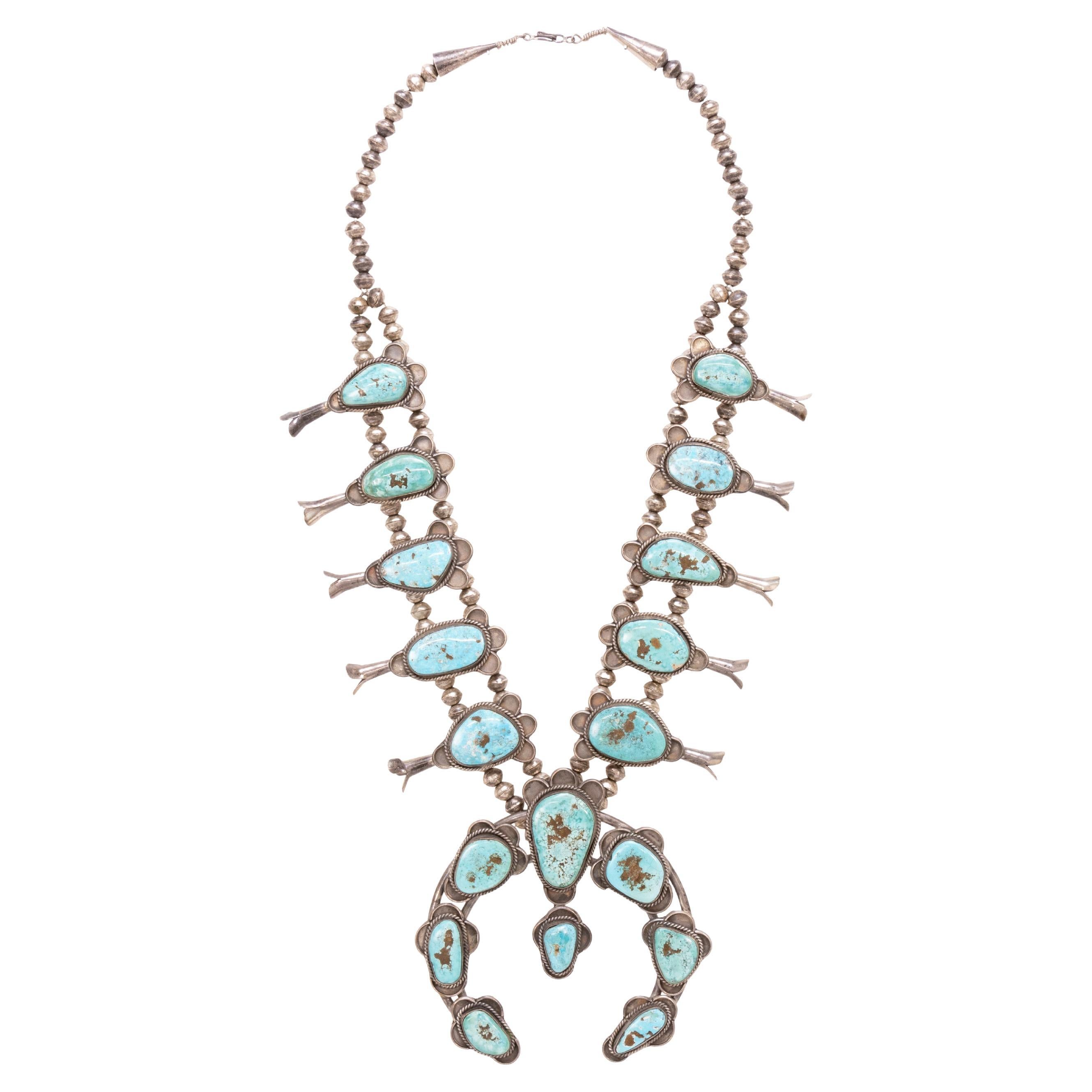 Navajo Kingman Turquoise Squash Blossom Necklace