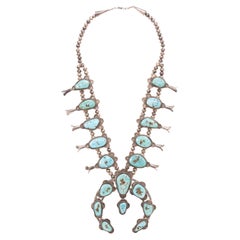 Navajo Kingman Turquoise Squash Blossom Necklace