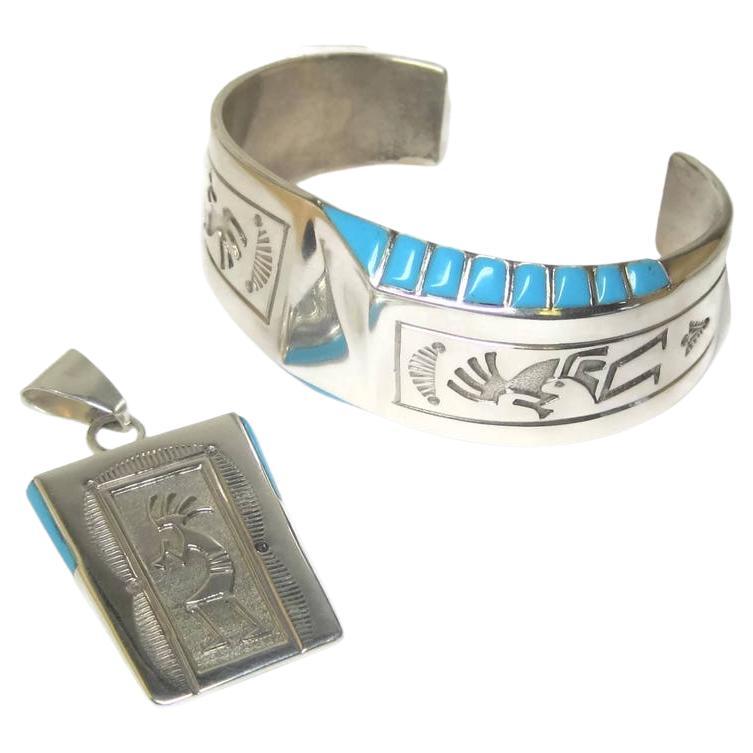 Navajo Kokopelli Turquoise Bracelet Pendant Jewelry Set For Sale