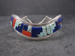 Bracelet manchette Navajo Lapis Coral Turquoise Inlay 6 Inches Muskett