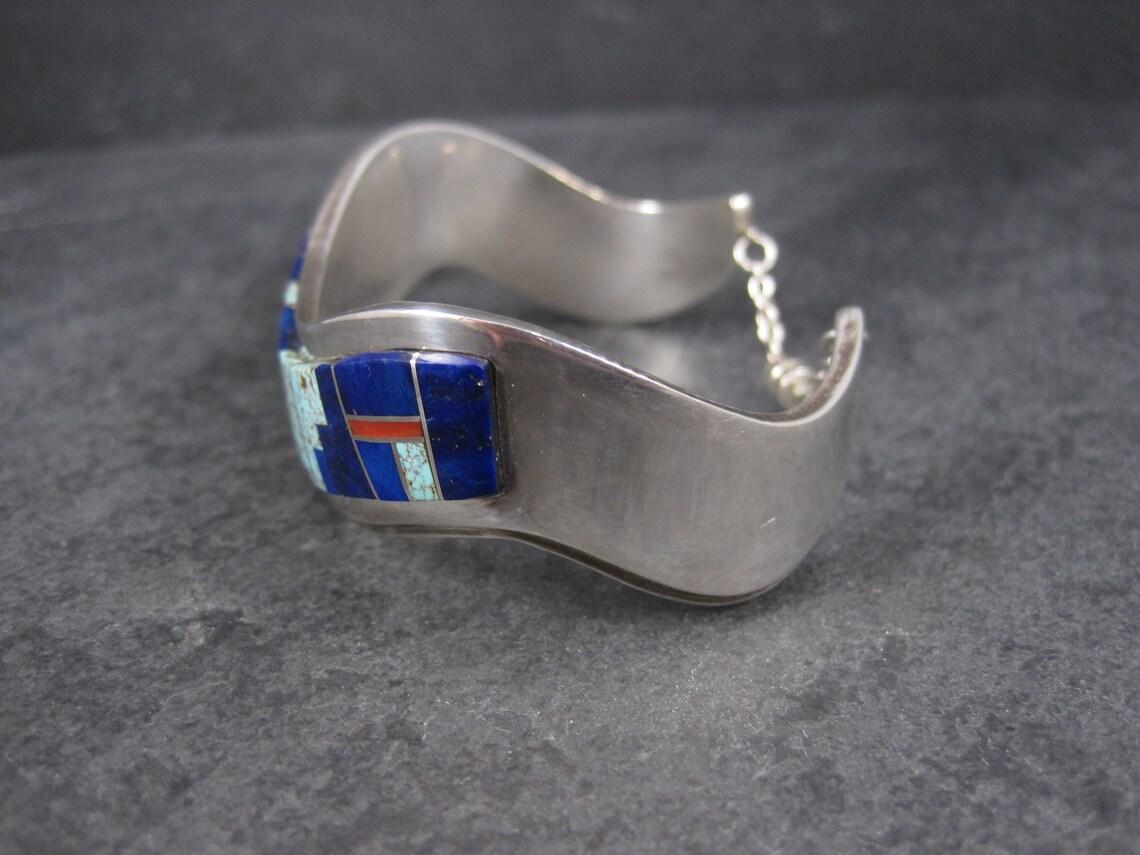 Women's Navajo Lapis Coral Turquoise Inlay Cuff Bracelet 6 Inches Muskett For Sale