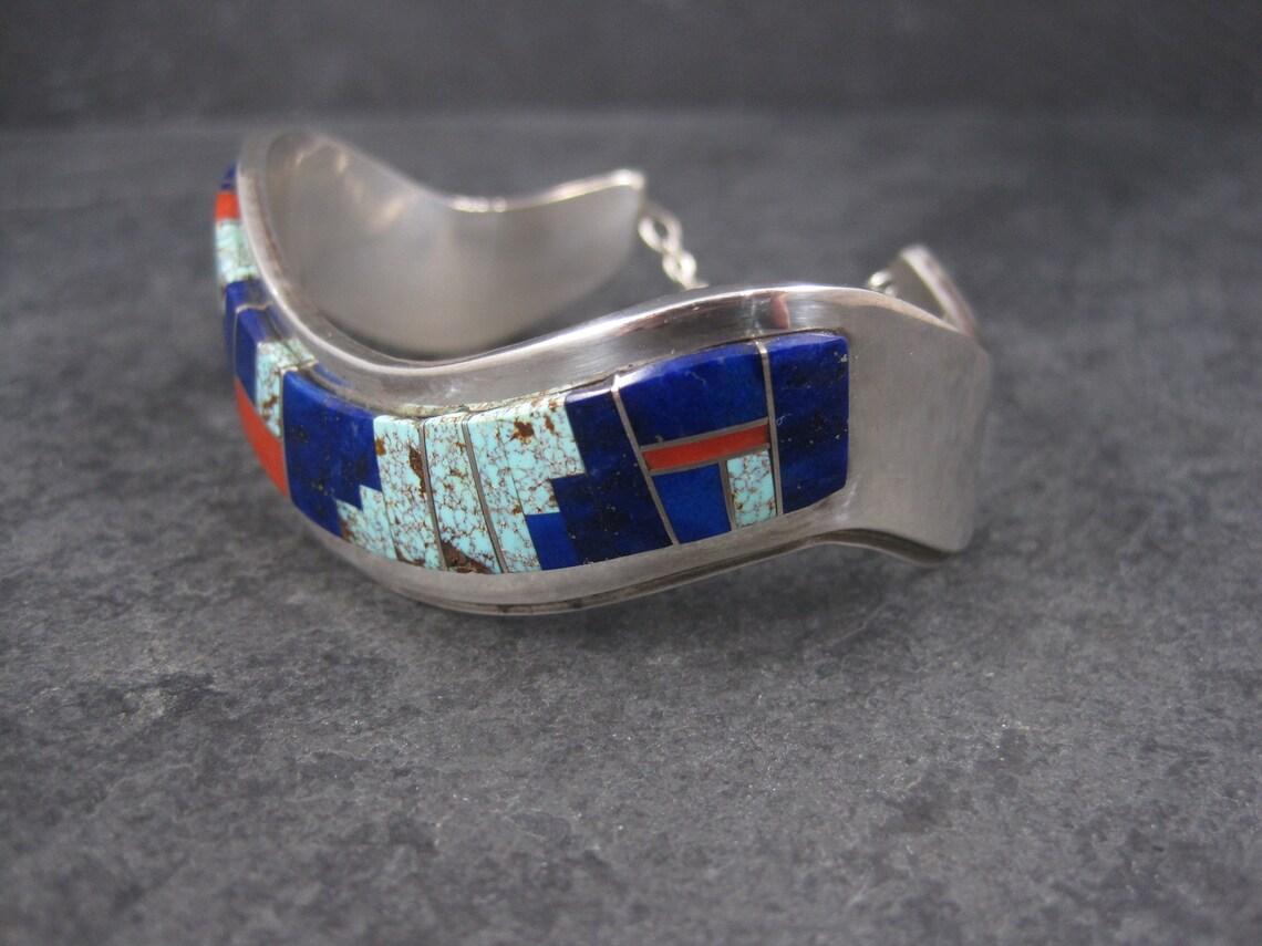 Navajo Lapis Coral Turquoise Inlay Cuff Bracelet 6 Inches Muskett For Sale 1