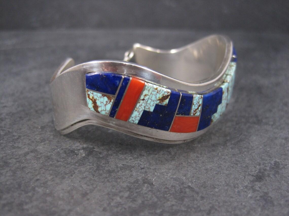 Navajo Lapis Coral Turquoise Inlay Cuff Bracelet 6 Inches Muskett For Sale 2