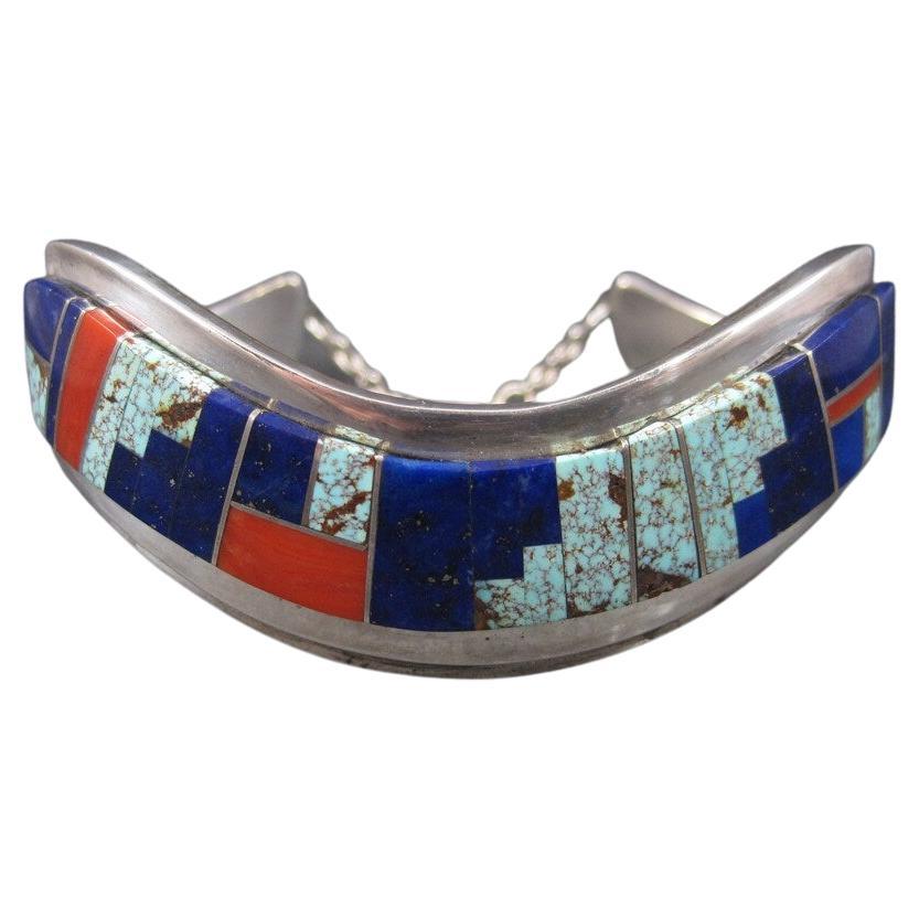 Navajo Lapis Coral Turquoise Inlay Cuff Bracelet 6 Inches Muskett For Sale