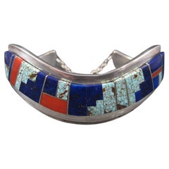 Retro Navajo Lapis Coral Turquoise Inlay Cuff Bracelet 6 Inches Muskett