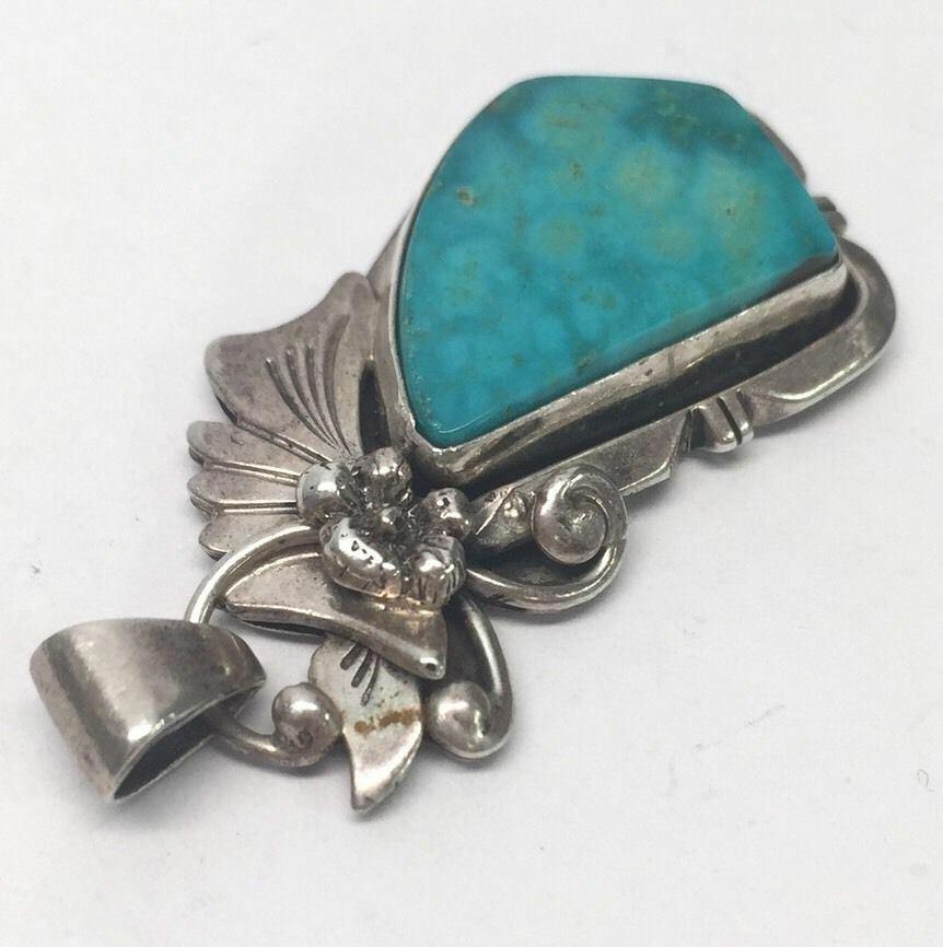 Navajo Les Baker Sterling Silver Turquoise Pendant by Harry Sandoval In Good Condition In Washington Depot, CT