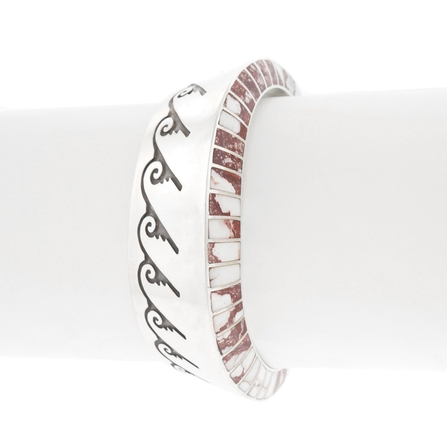 Navajo Lonn Parker Shell Inlaid Sterling Cuff Bracelet For Sale 3