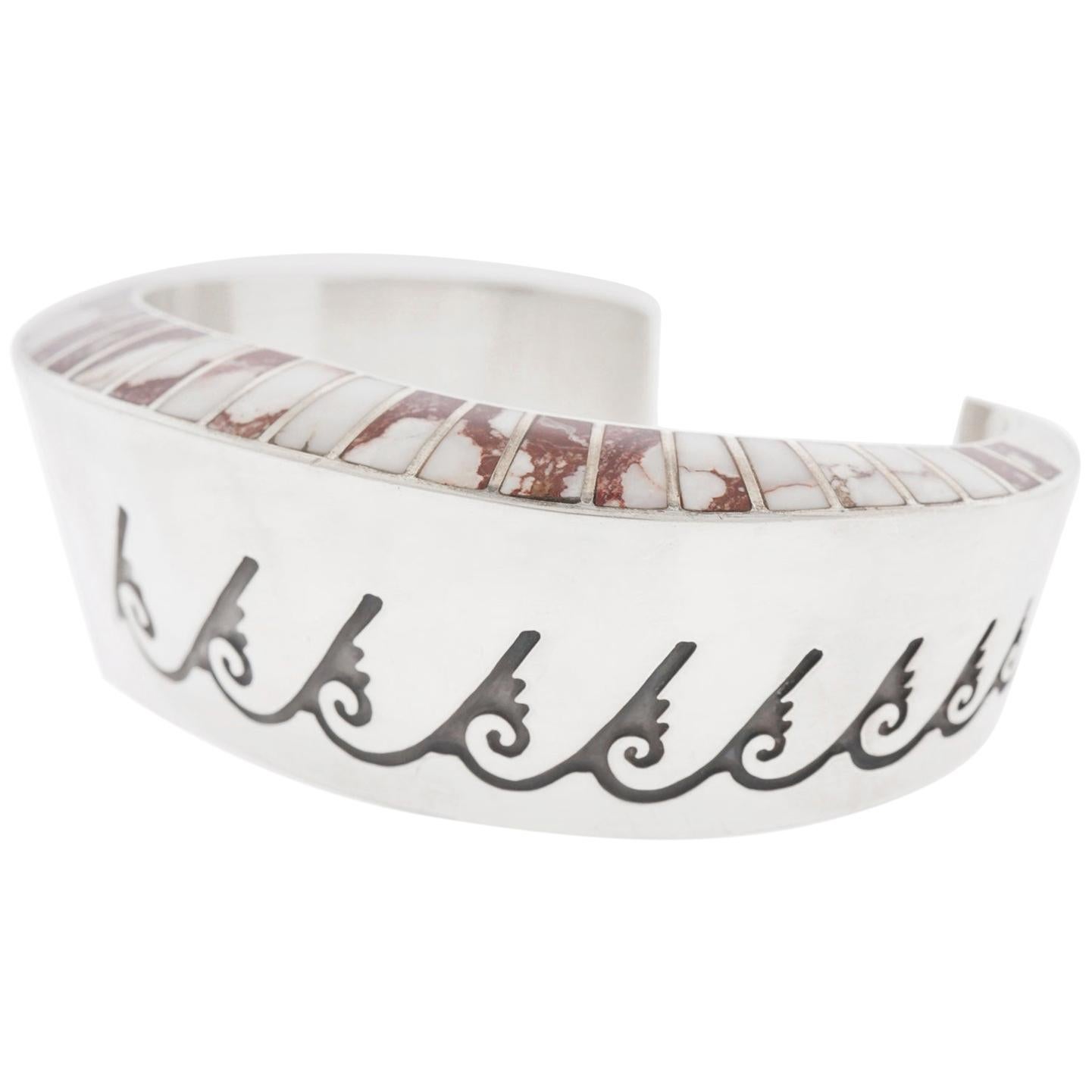 Navajo Lonn Parker Shell Inlaid Sterling Cuff Bracelet For Sale