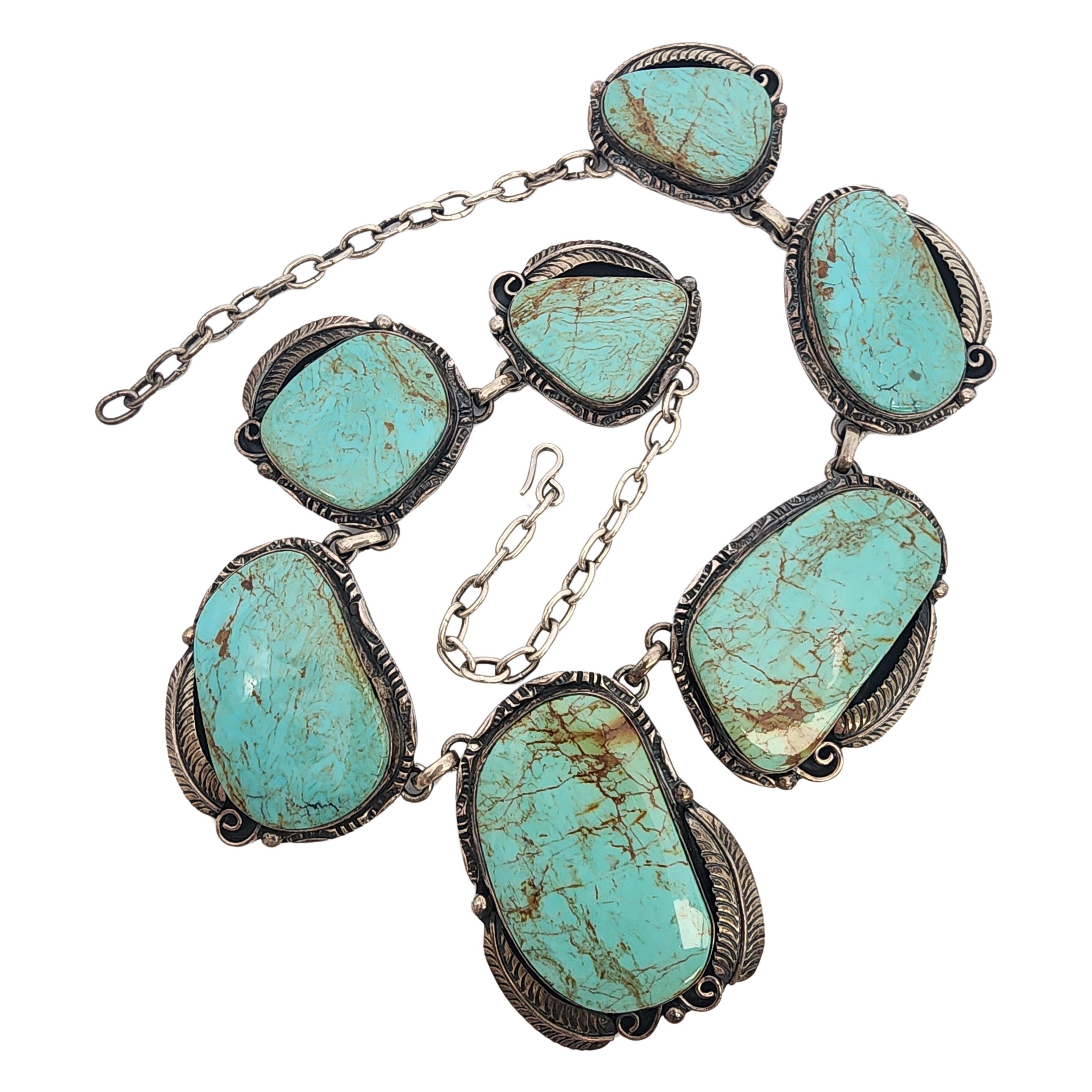 Cabochon Navajo Mexico 980 Sterling Silver Turquoise Large Link Necklace #18603