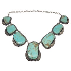 Navajo Mexico 980 Sterling Silver Turquoise Large Link Necklace #18603