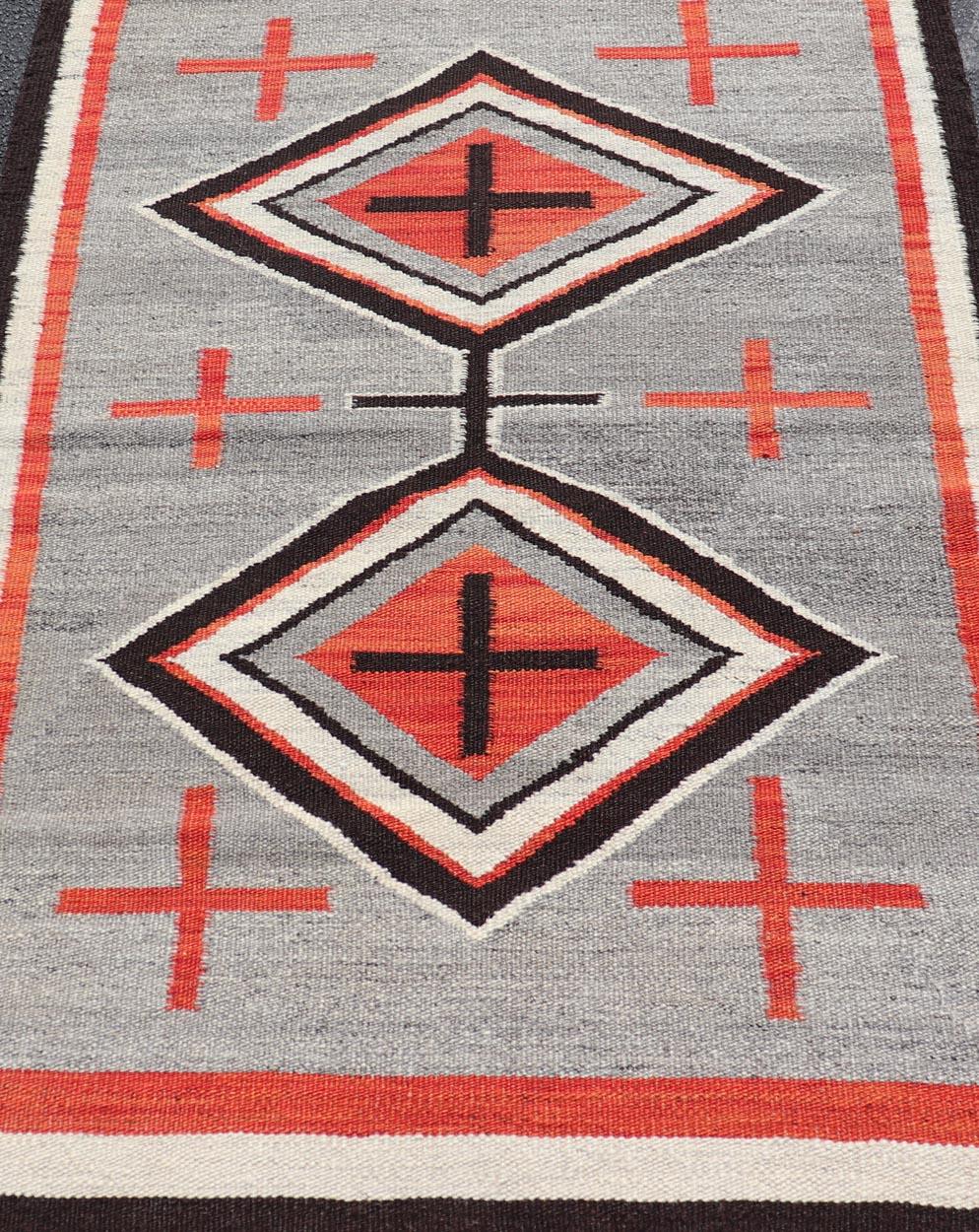 Navajo Modern Rug with Geometric Tribal Design in Gray, Red, Charcoal And Ivory For Sale 3