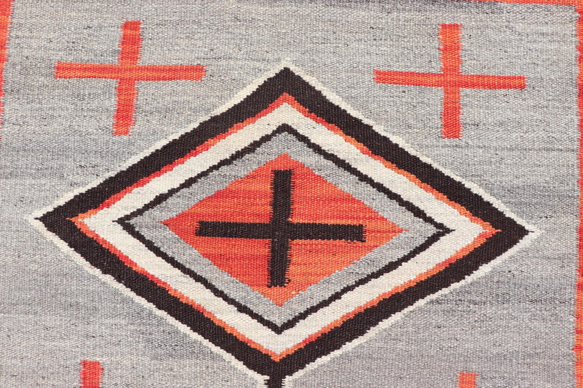 Hand-Woven Navajo Modern Rug with Geometric Tribal Design in Gray, Red, Charcoal And Ivory For Sale