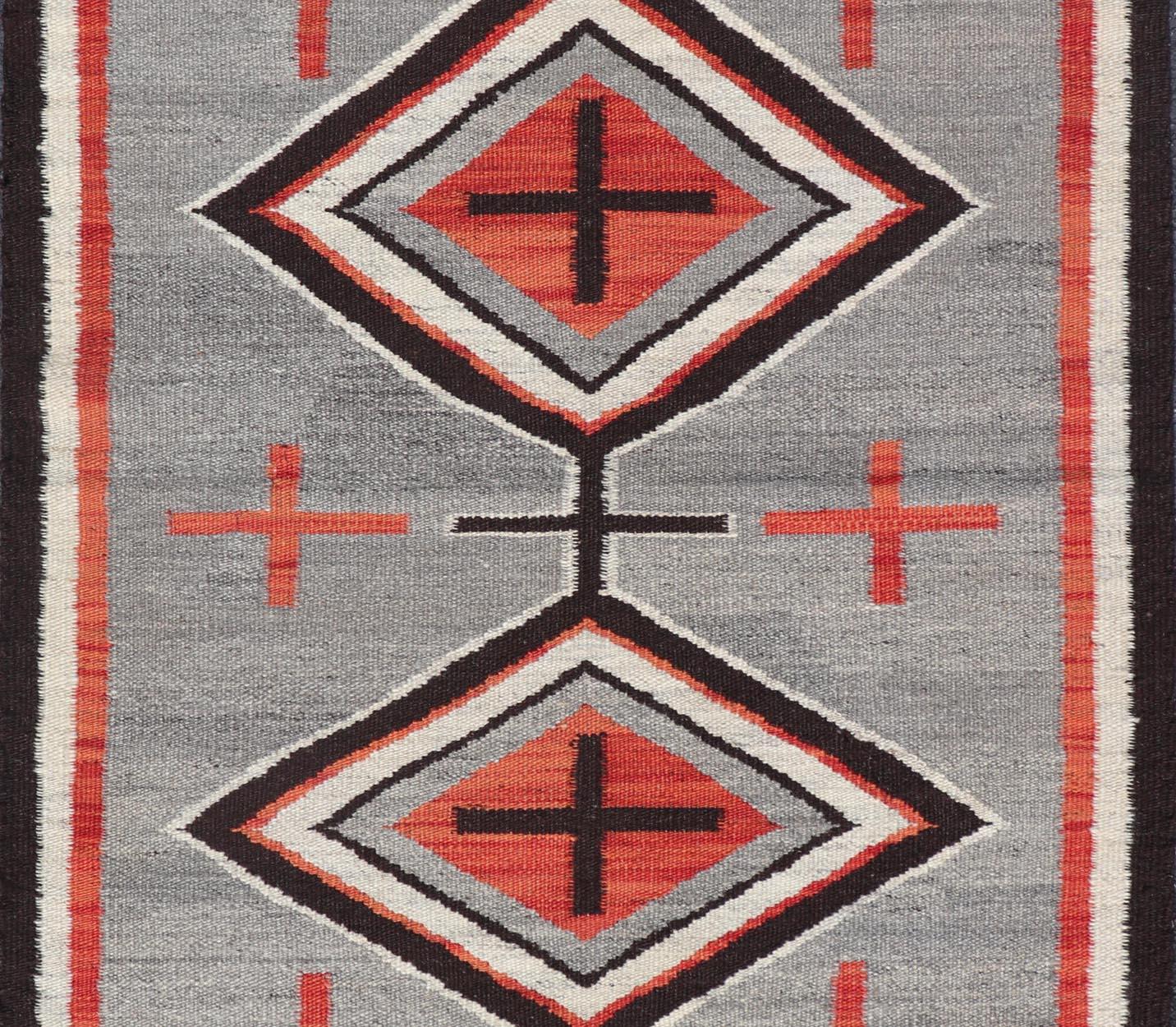 Contemporary Navajo Modern Rug with Geometric Tribal Design in Gray, Red, Charcoal And Ivory For Sale