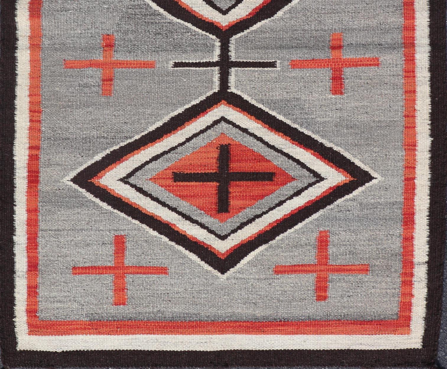 Wool Navajo Modern Rug with Geometric Tribal Design in Gray, Red, Charcoal And Ivory For Sale