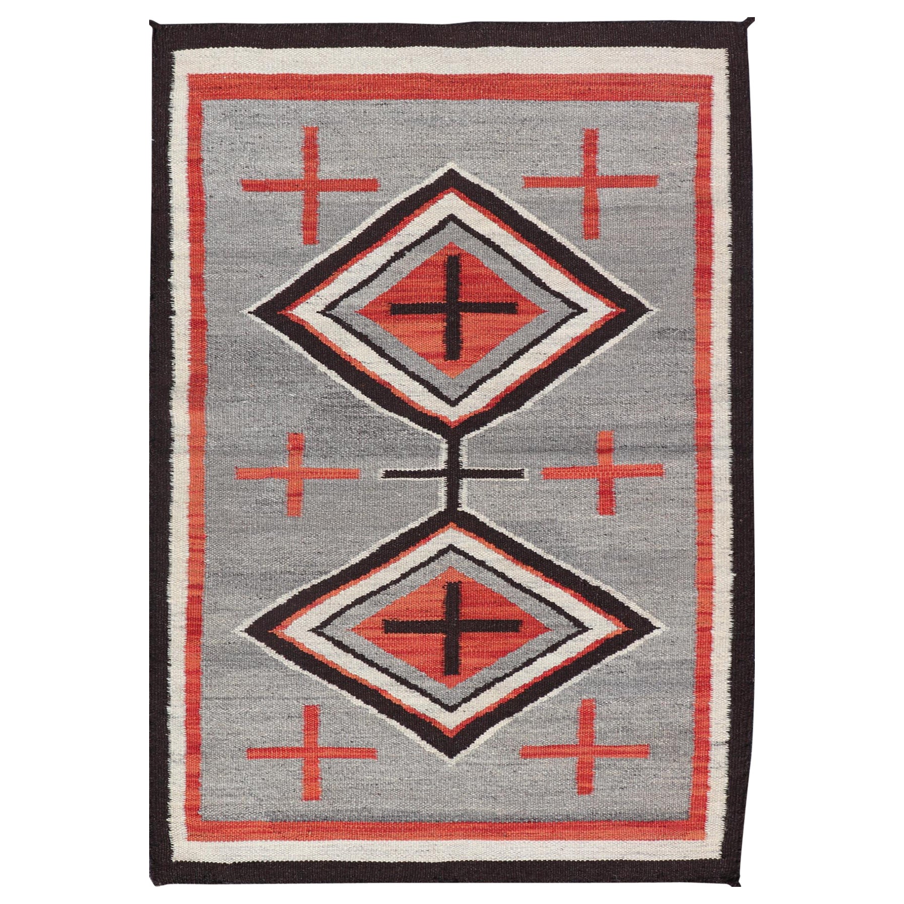 Moderner Navajo-Teppich mit geometrischem Stammesdesign in Grau, Rot, Anthrazit und Elfenbein