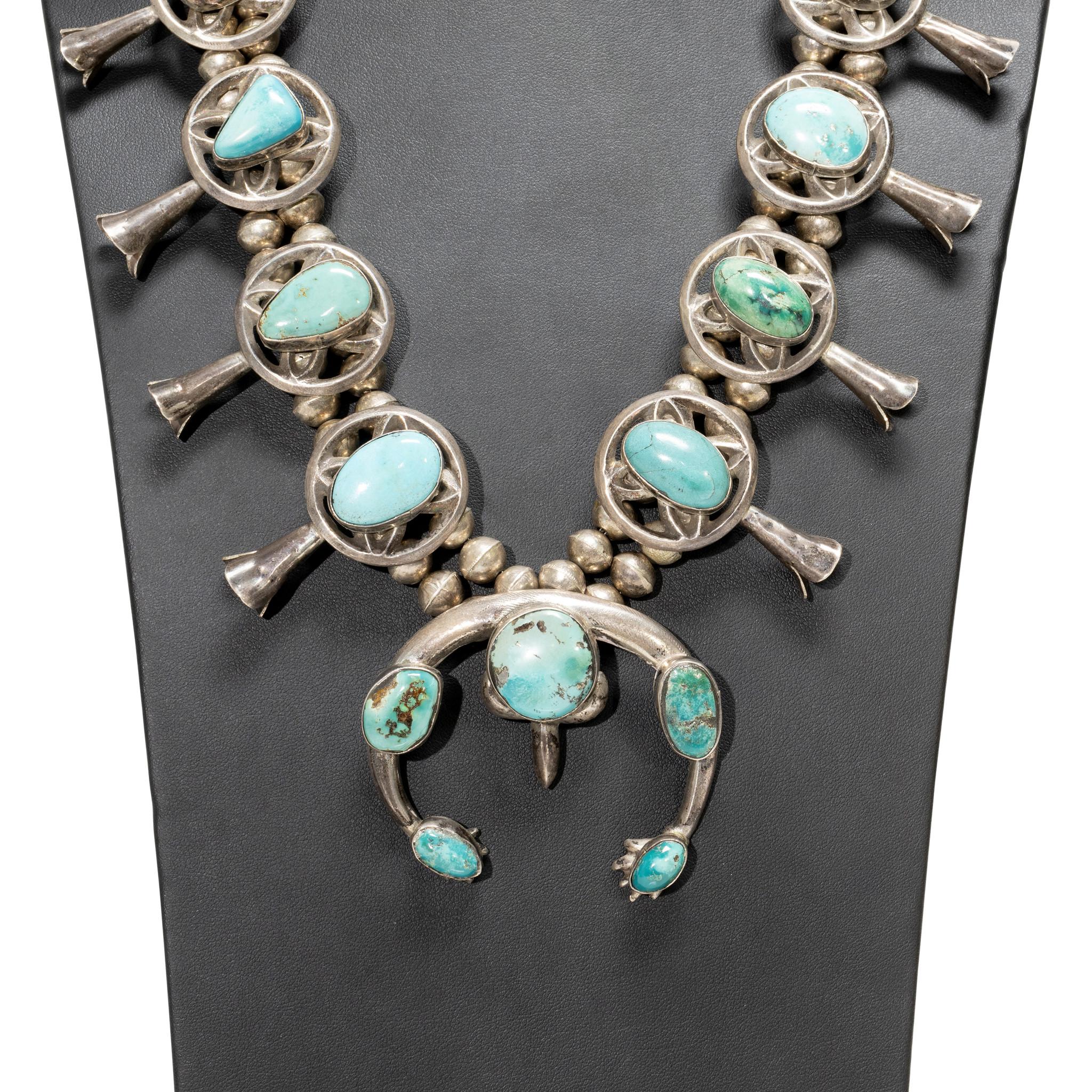 Native American Navajo Morenci Turquoise Squash Blossom For Sale