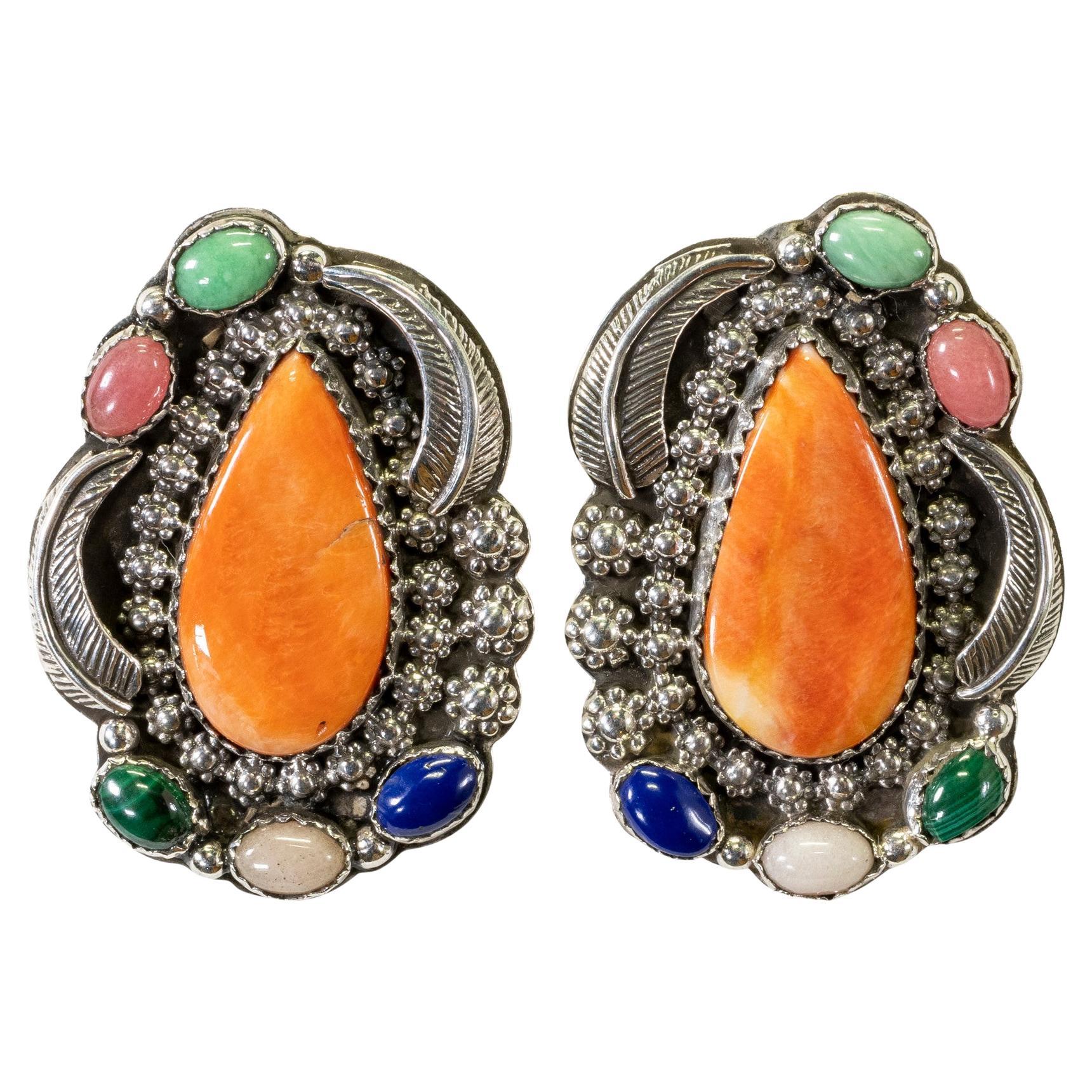 Orecchini a goccia Navajo con pietre multiple e argento sterling in vendita