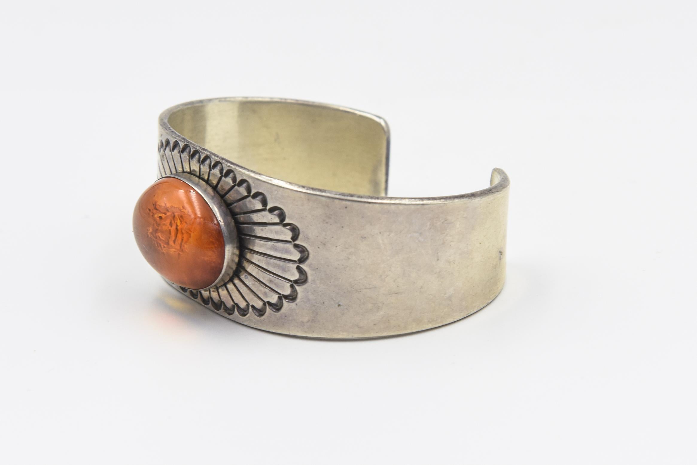 Cabochon Navajo Native American Amber Sunburst Flower Cuff Bracelet For Sale