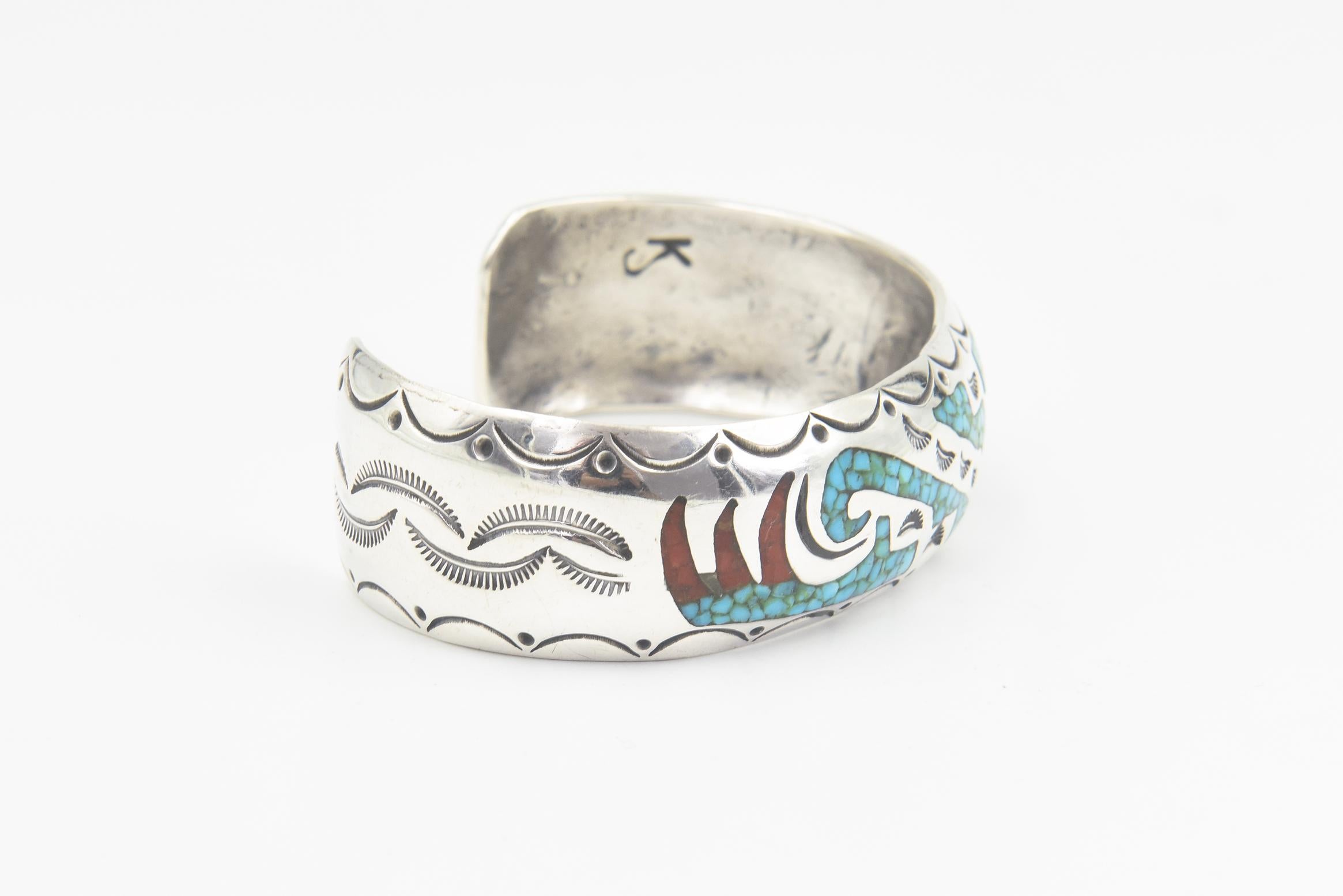 Nativo americano Navajo Native American Inlaid Turquoise and Coral Sterling Silver Cuff Bracelet in vendita