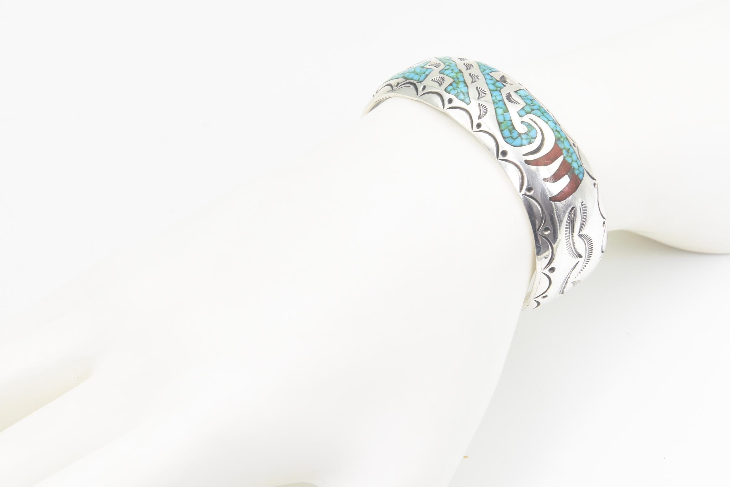 Navajo Native American Inlaid Turquoise and Coral Sterling Silver Cuff Bracelet in vendita 1
