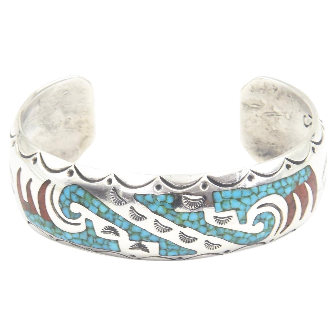 Navajo Native American Inlaid Turquoise and Coral Sterling Silver Cuff Bracelet in vendita