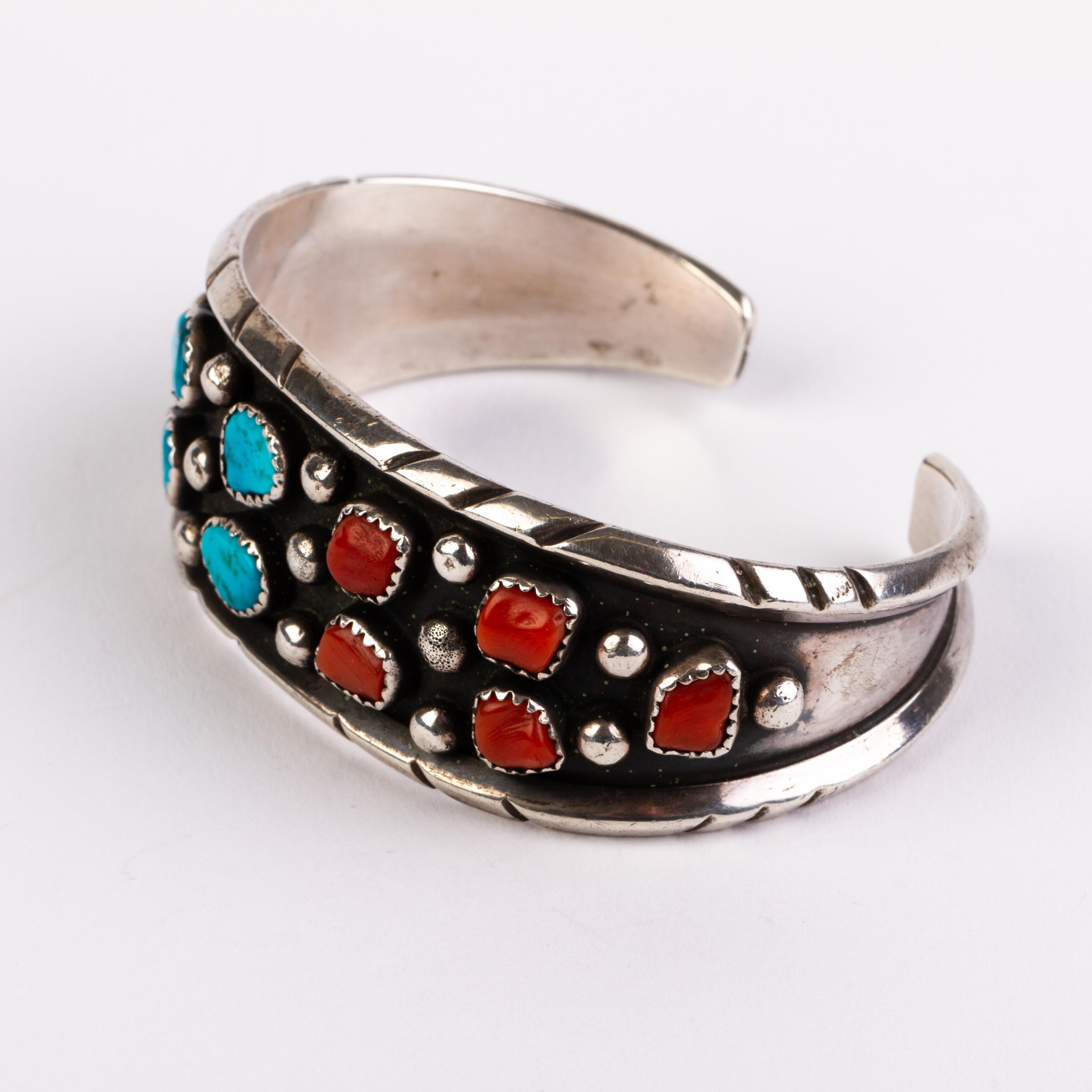Navajo Native American Natural Turquoise & Coral Sterling Silver Bangle Bracelet
Good condition 
From a private collection.
Free international shipping.
