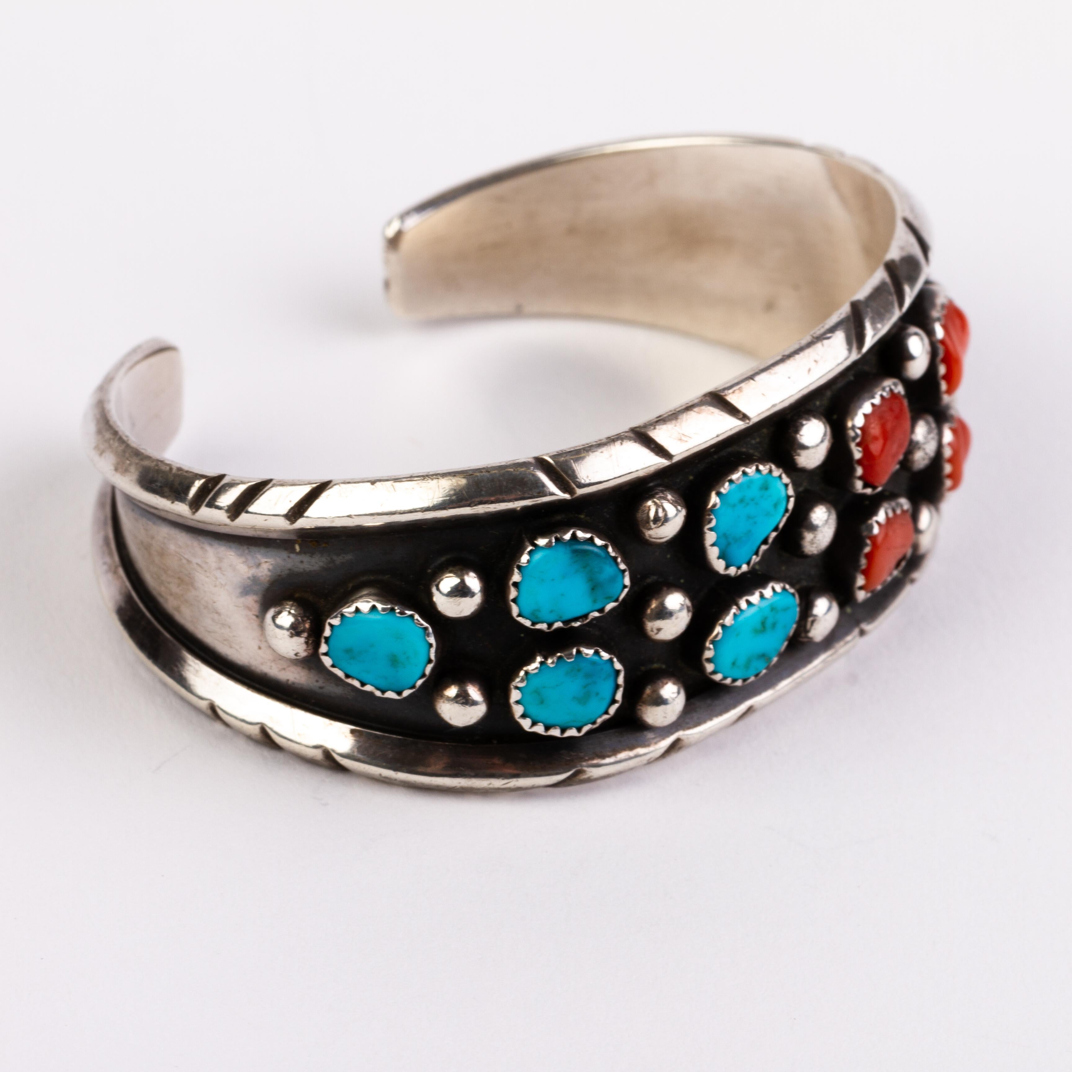 Navajo Native American Natural Turquoise & Coral Sterling Silver Bangle Bracelet In Good Condition In Nottingham, GB