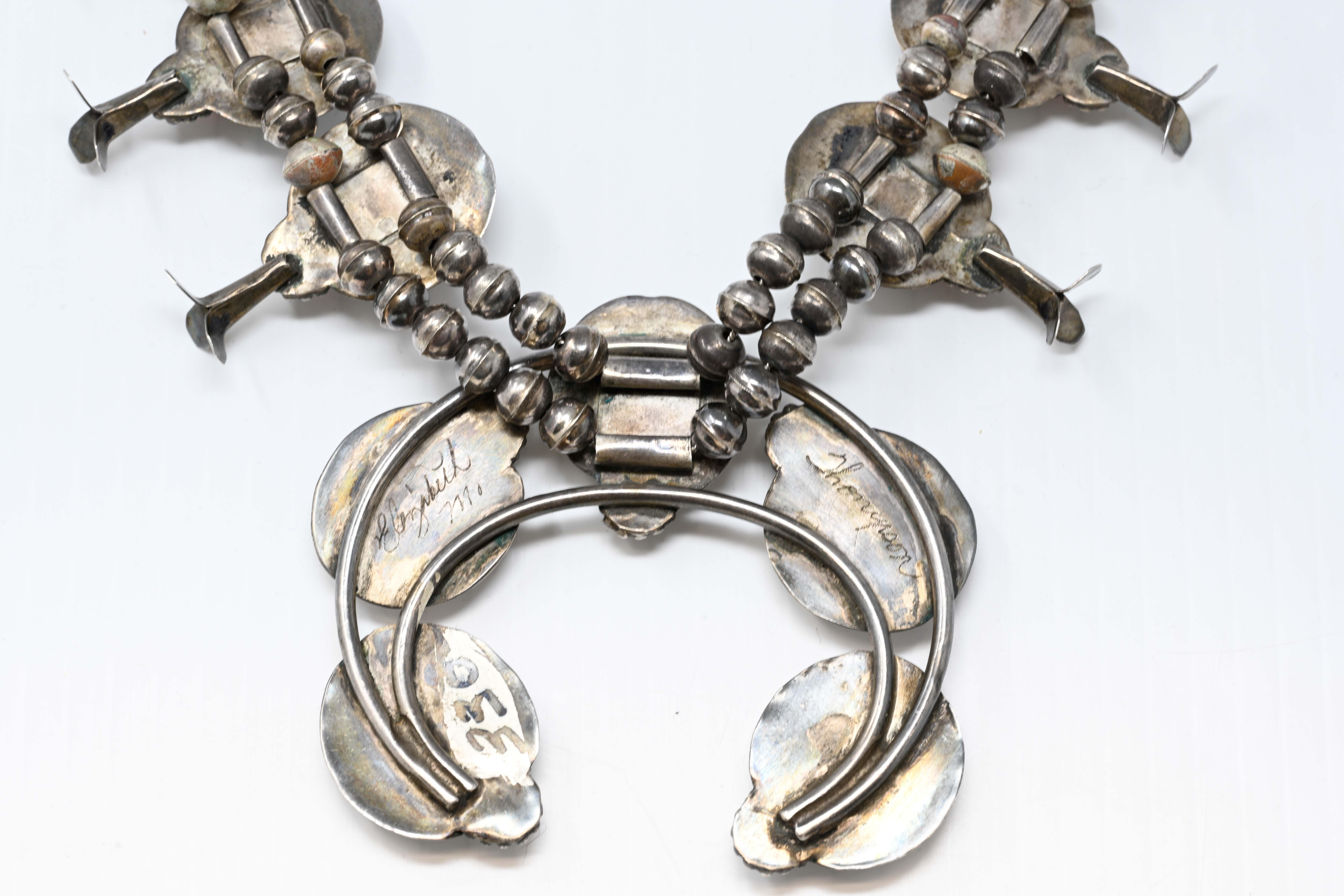 Navajo Native American Squash Blossom Silver Necklace For Sale 1