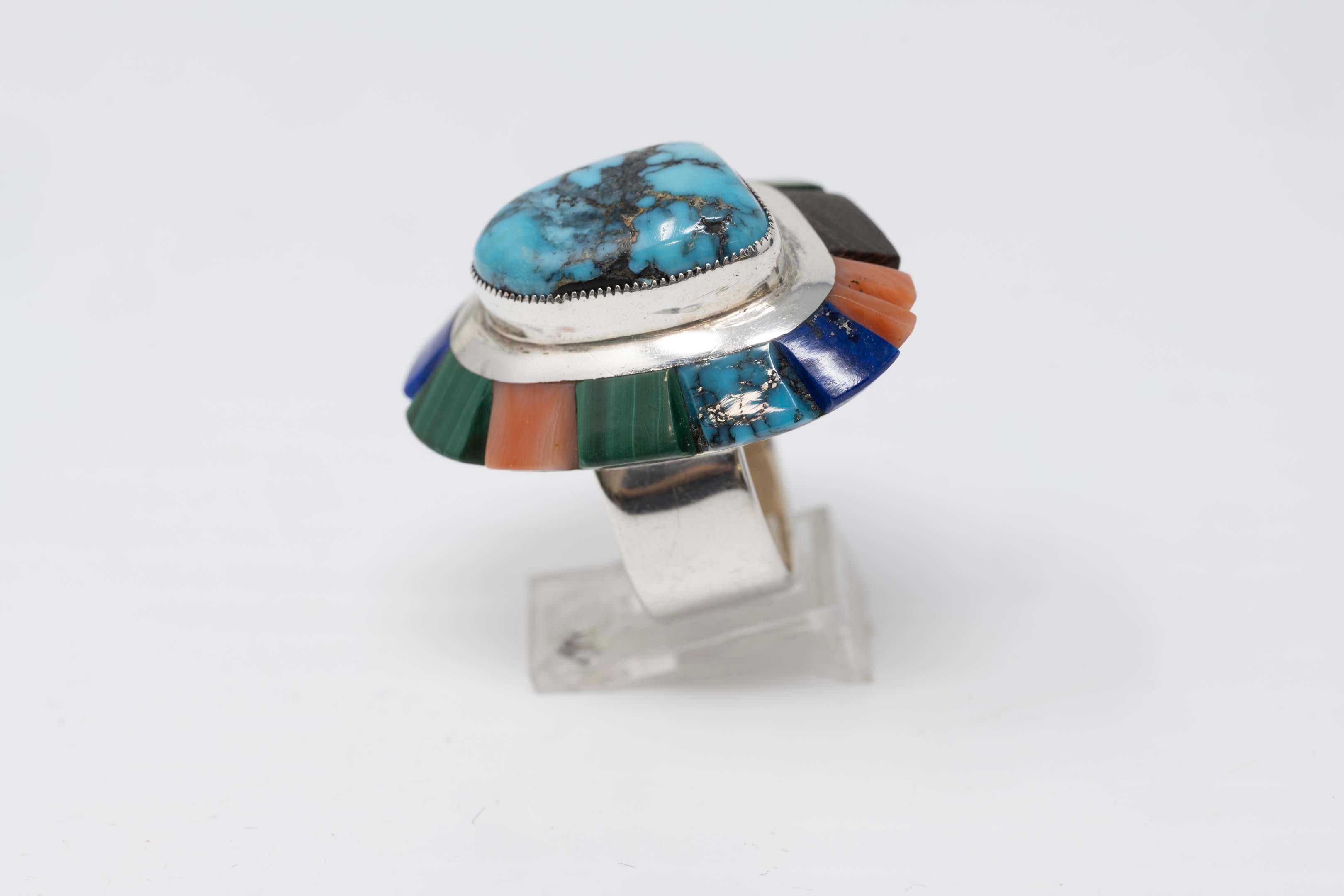 Amérindien Bague amérindienne Navajo multi-pierres en argent sterling en vente