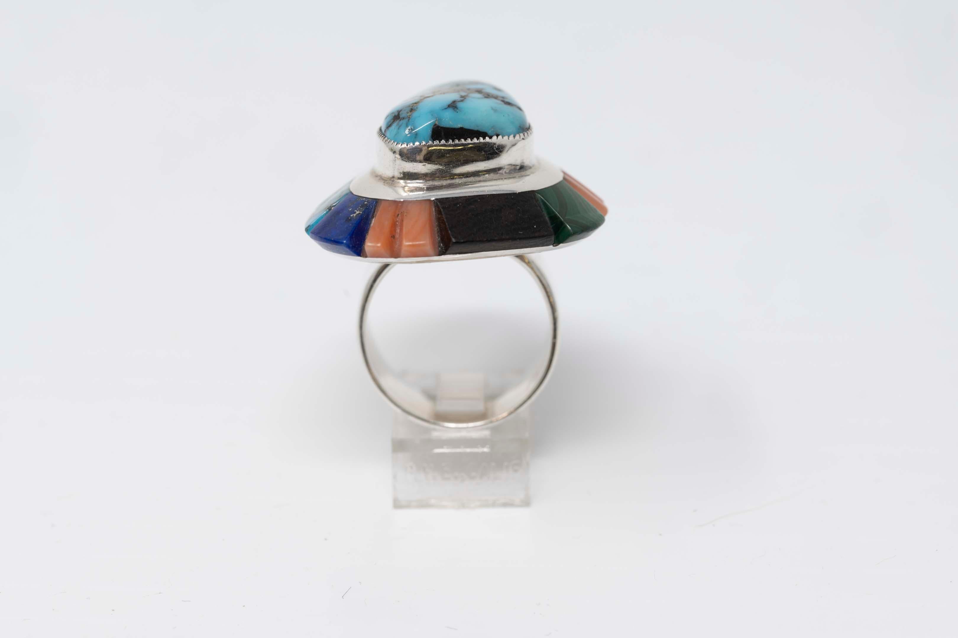 Navajo-Sterling-Ring mit mehreren Steinen, Indigene Kunst (Ungeschliffen) im Angebot