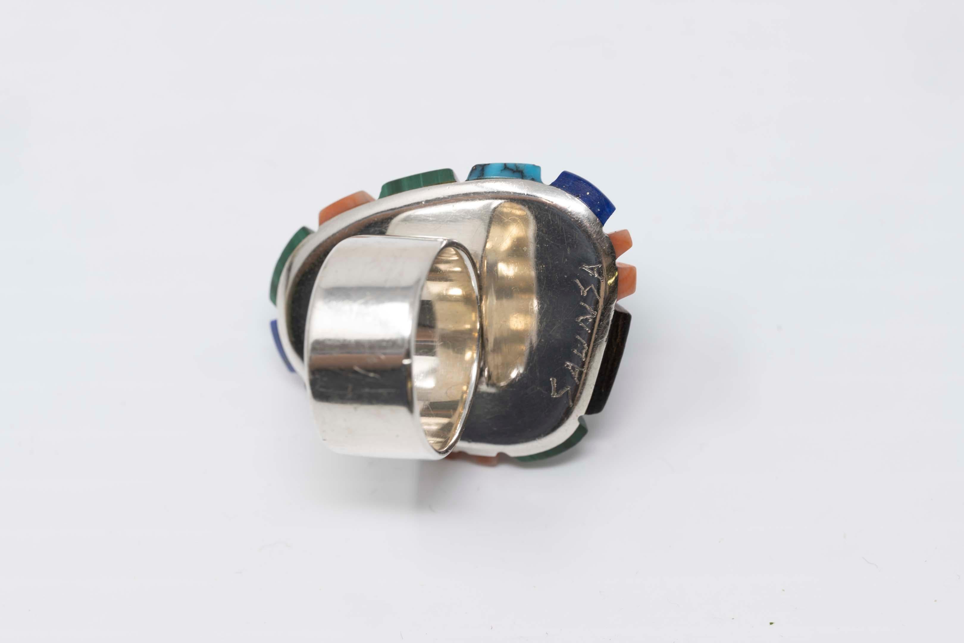 Bague amérindienne Navajo multi-pierres en argent sterling Pour femmes en vente