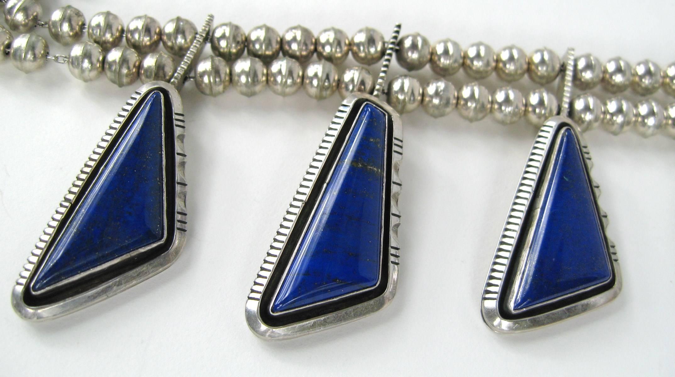 Uncut Navajo Native American  Sterling Silver Lapis Lazuli Squash Blossom Necklace For Sale